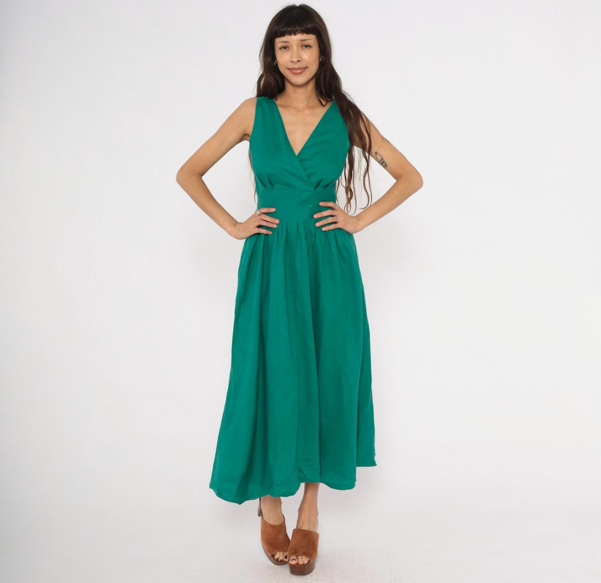 80s Kenar 2 Teal Linen Midi Dress Surplice V-Neck Sleeveless Small S