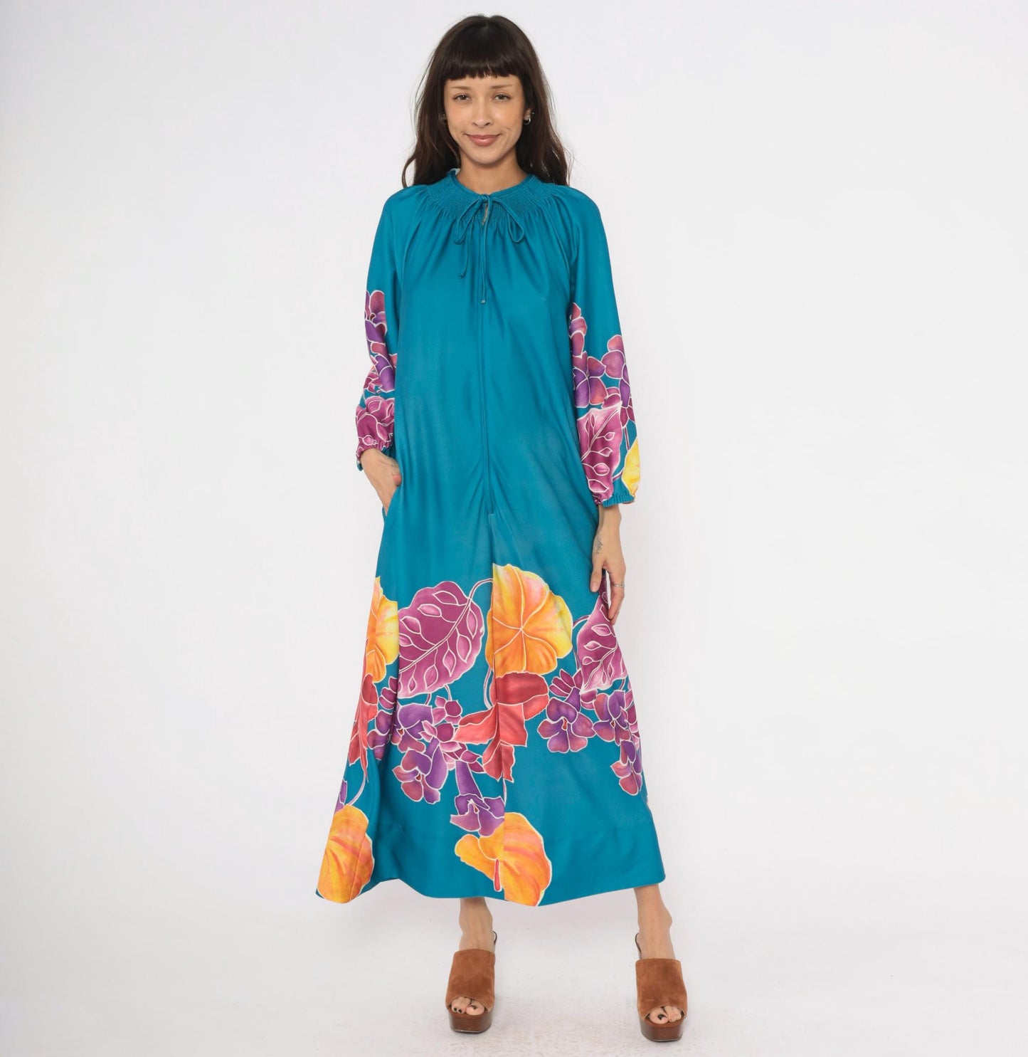 70s Teal Floral Caftan Maxi Dress Smocked Neckline Zip Front Medium M
