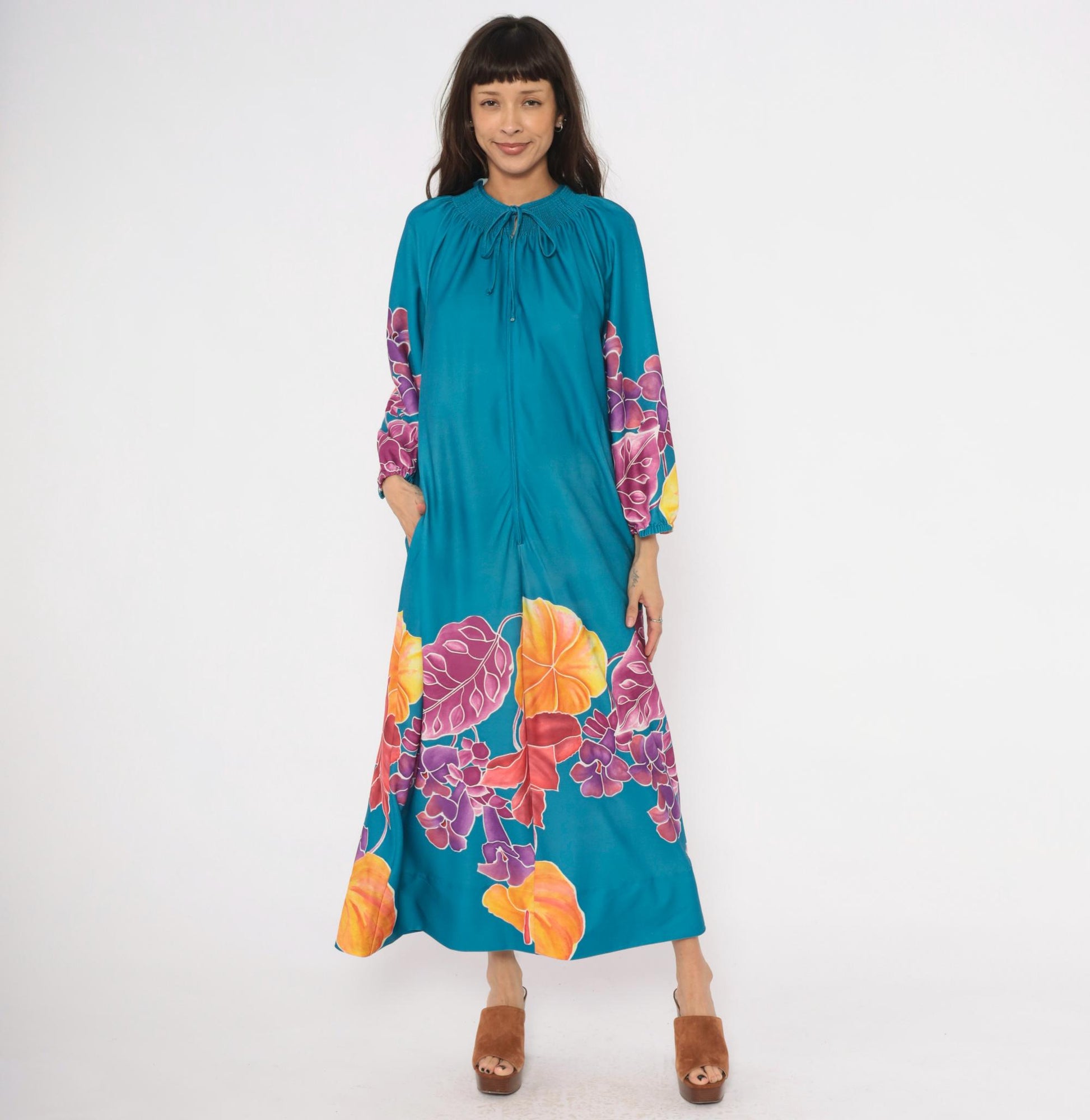 70s Teal Floral Caftan Maxi Dress Smocked Neckline Zip Front Medium M