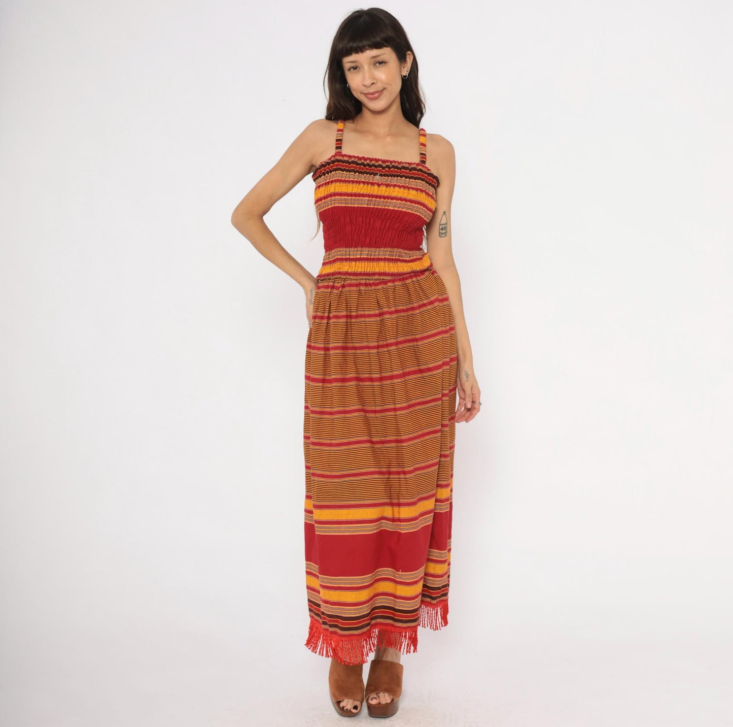 90s Striped Smocked Sundress Red Gold Fringe Hem Cotton Small