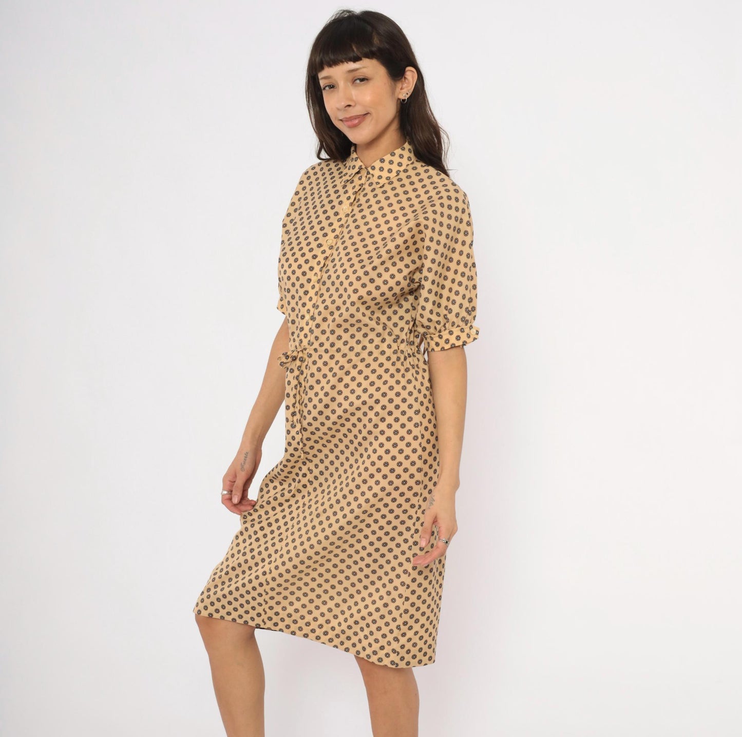 80s Kevin Stuart Petites Medallion Floral Shirtdress Tan Medium M