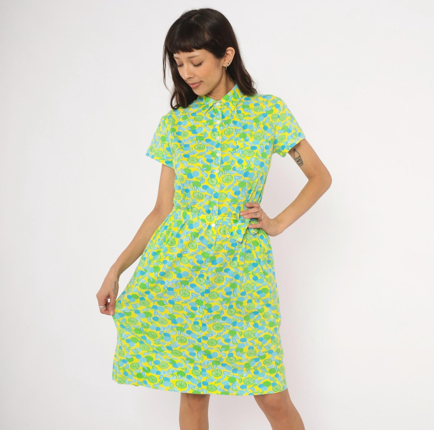 The Lilly Citrus Print Shirtdress Yellow Green Blue Knee-Length Cotton Medium