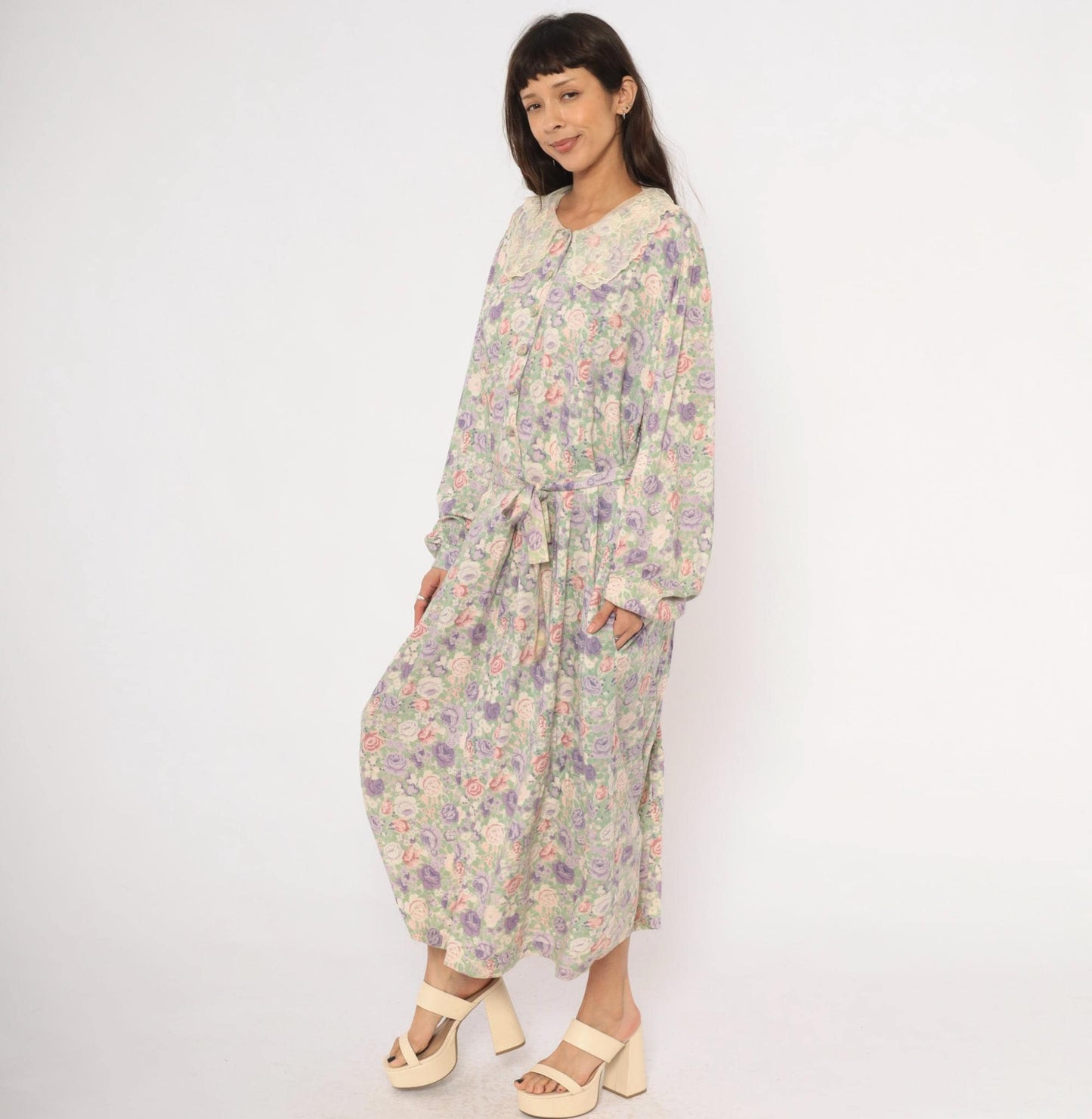 90s J Jill Floral Maxi Dress Lace Peter Pan Collar Plus Size XXL