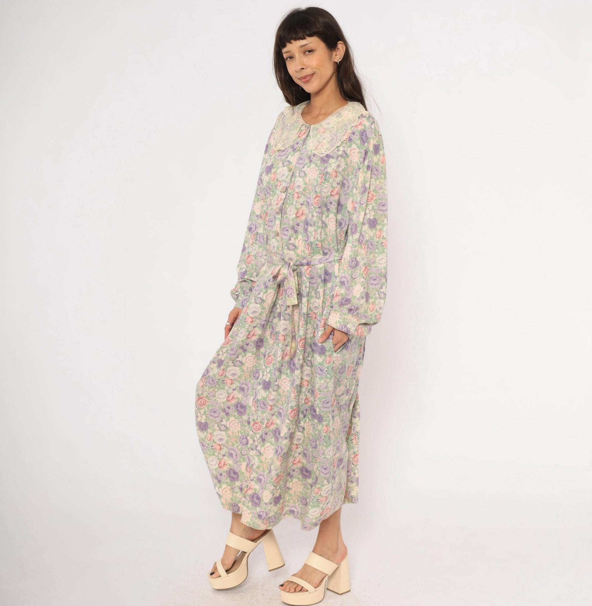 90s J Jill Floral Maxi Dress Lace Peter Pan Collar Plus Size XXL