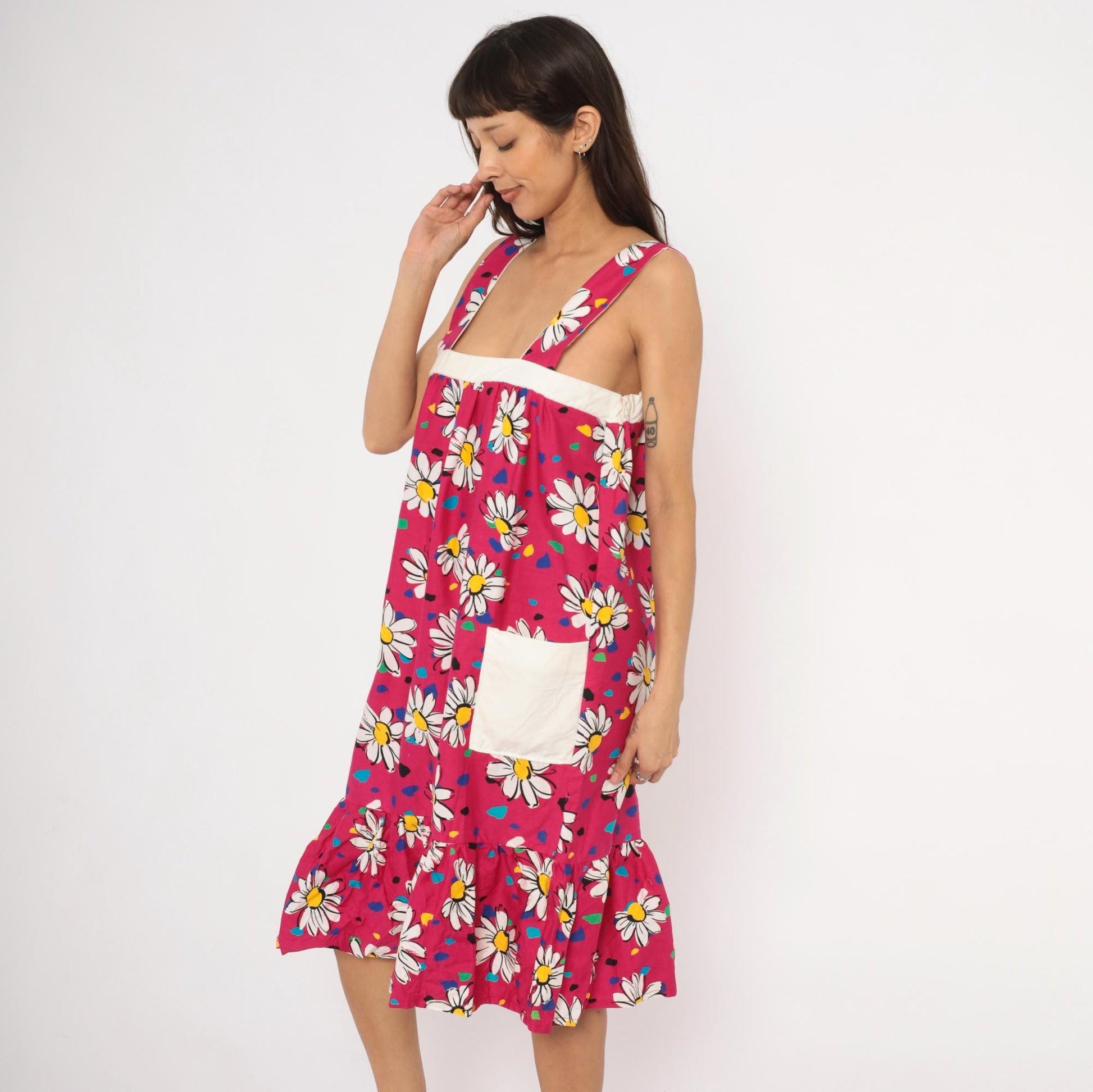 90s Fuchsia Daisy Print Cotton Sundress Square Neck Ruffle Pockets Small