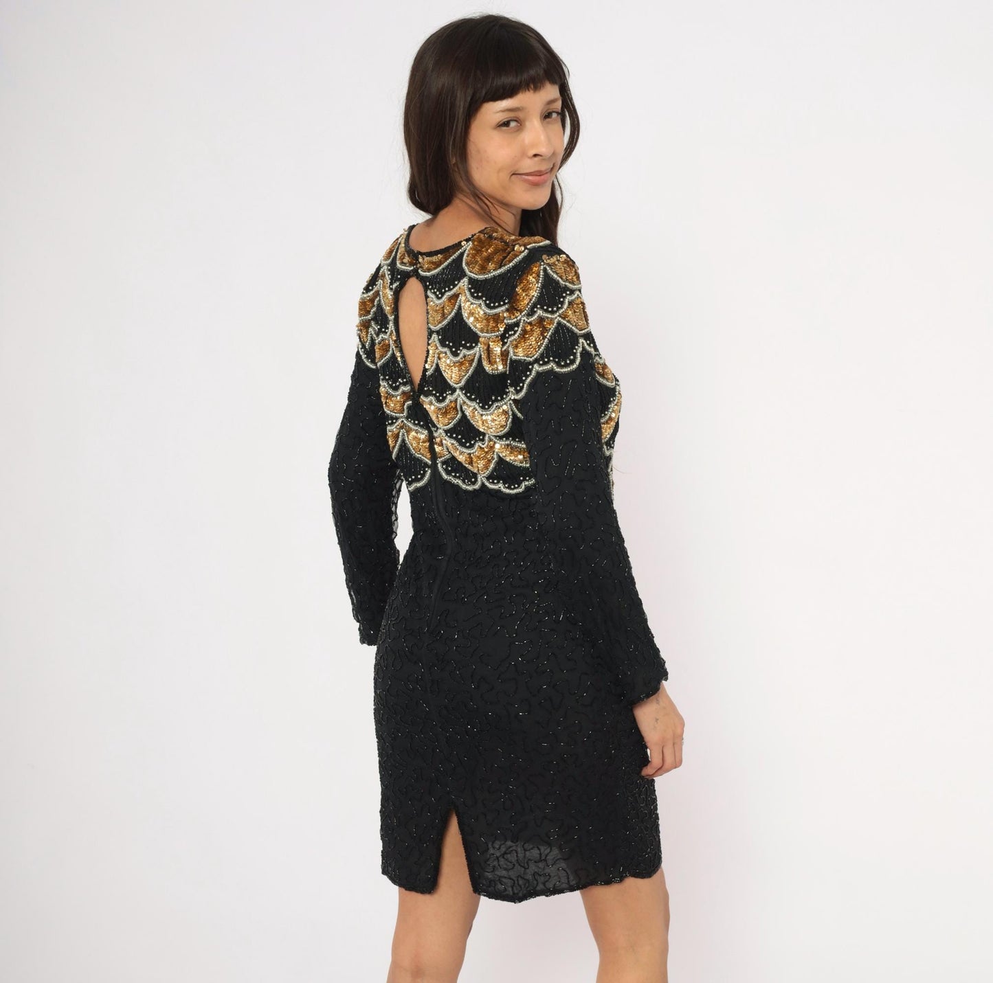 90s Carina Black Silk Mini Dress Gold Sequin Scallop Beaded Art Deco Large Petite