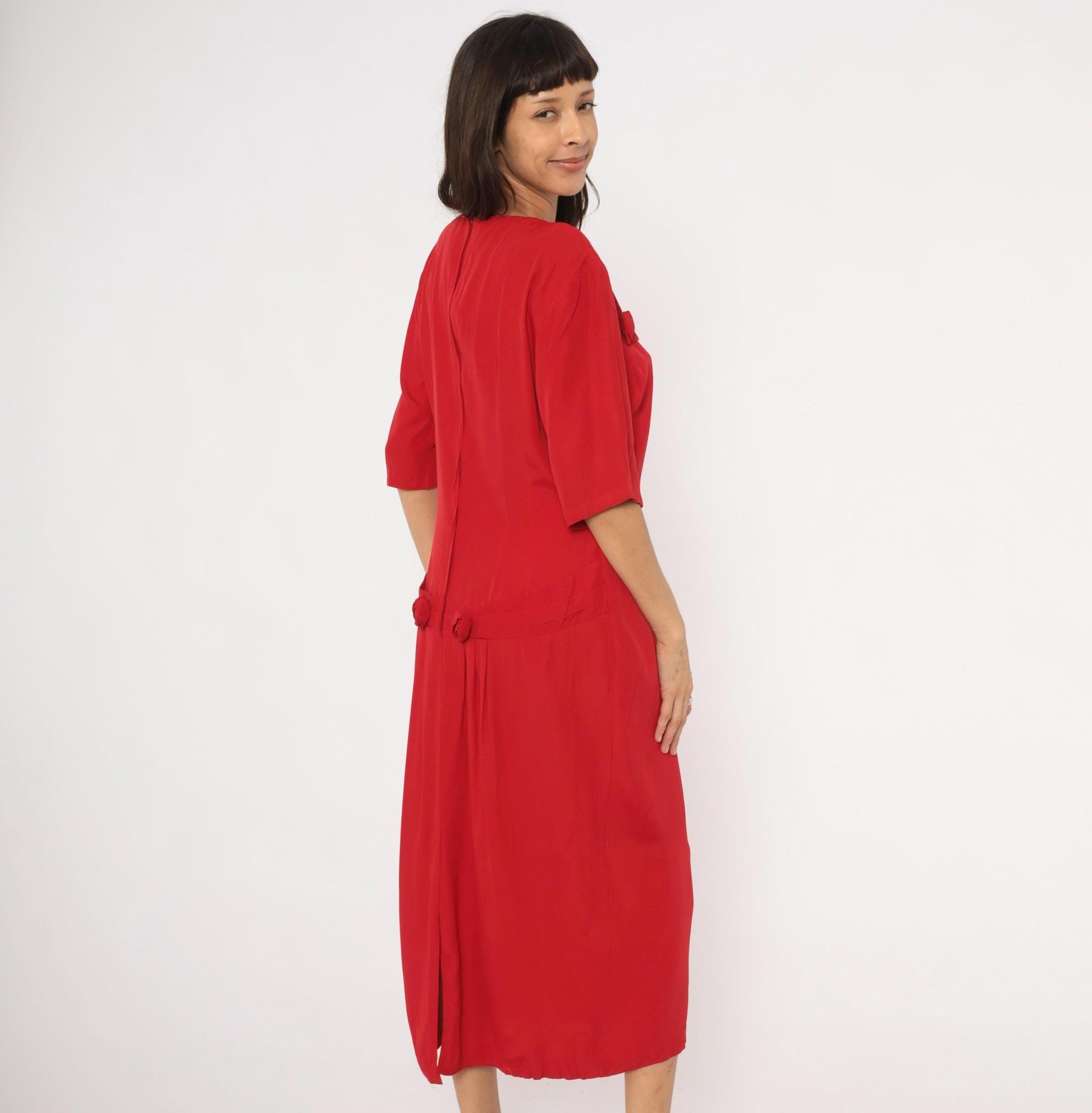 90s Atina Crimson Midi Dress Square Neckline Rosette Half Sleeve Large L