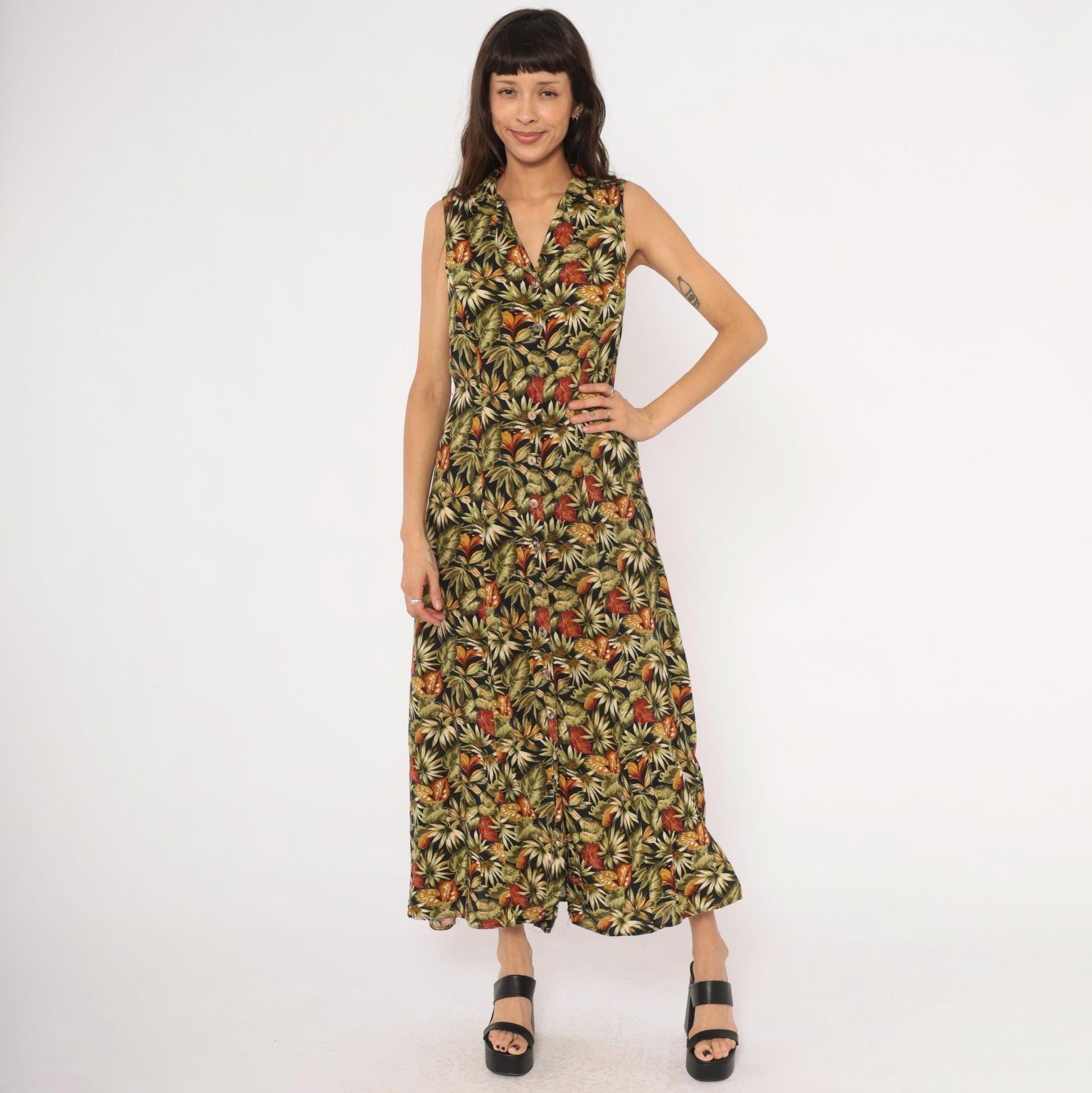 90s Teddi Tropical Leaf Maxi Dress Sleeveless Olive Green Medium M