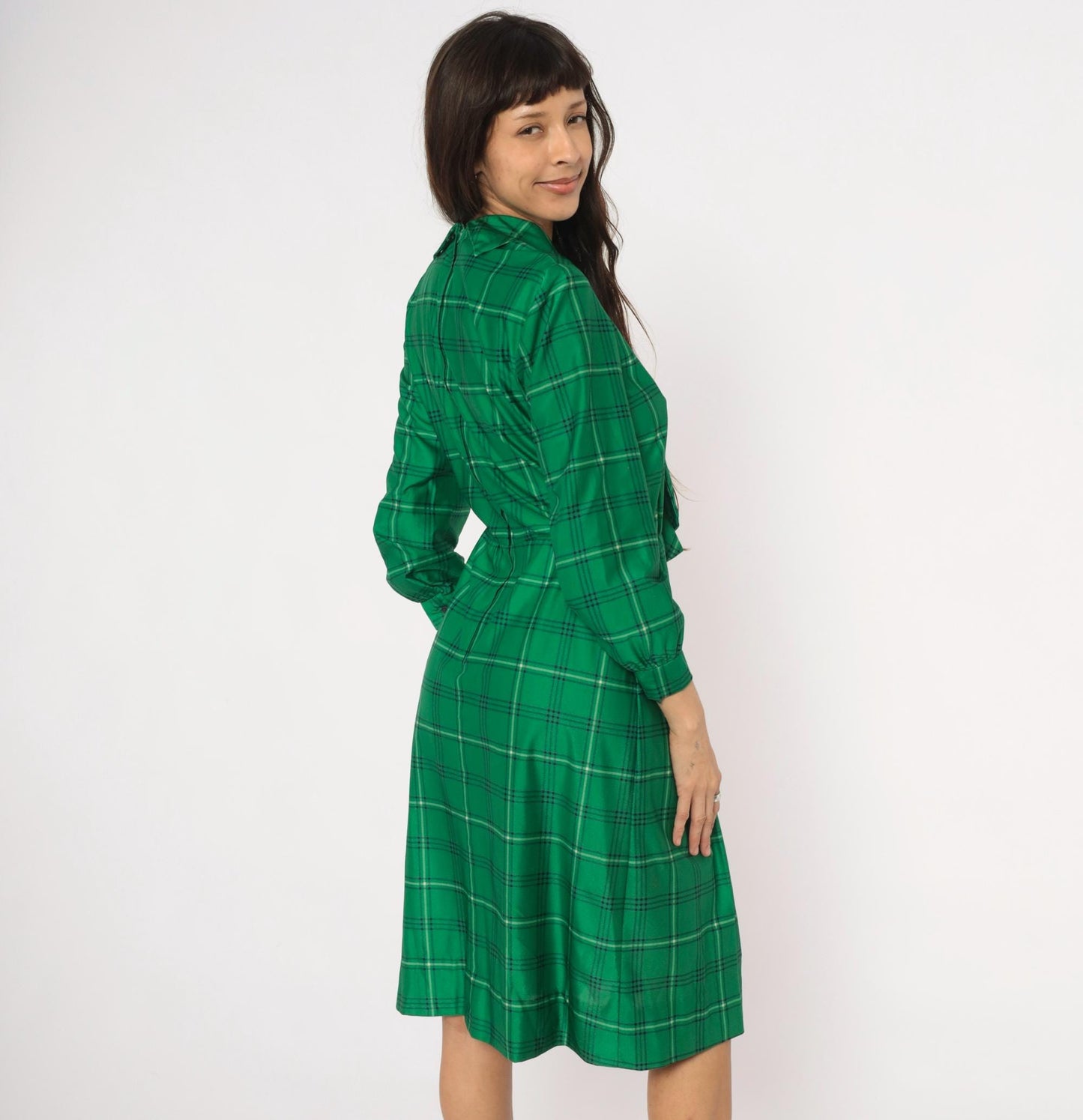 70s Nat Kap Lan Emerald Plaid Dress Pussy Bow Knee-Length Medium M