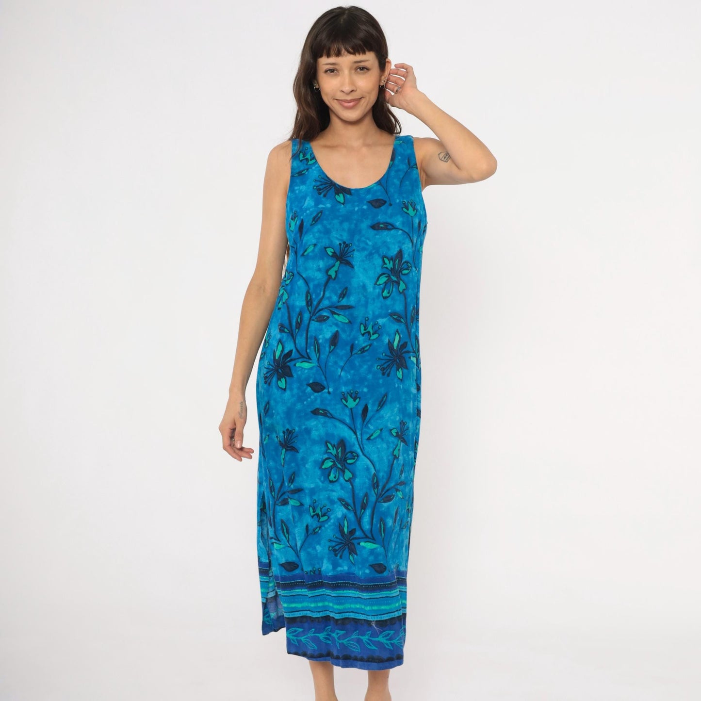 90s Worthington Blue Batik Floral Maxi Dress Tank Sleeveless Teal Navy Medium