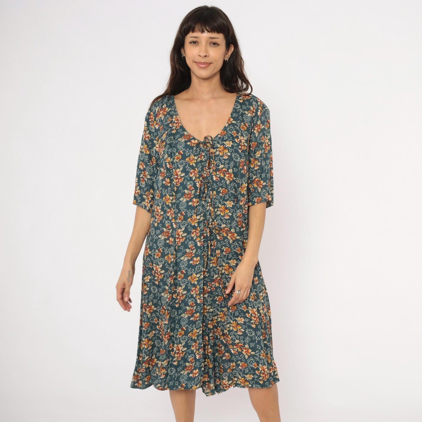 90s The Avenue Floral Midi Dress Teal Orange Flutter Sleeve Tie Front XXL