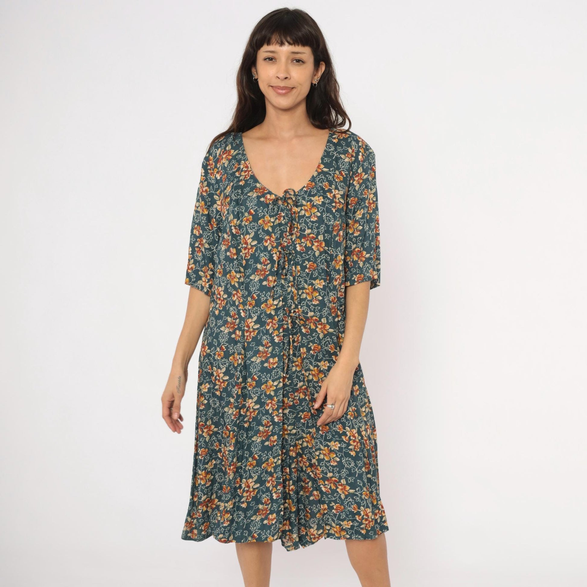 90s The Avenue Floral Midi Dress Teal Orange Flutter Sleeve Tie Front XXL