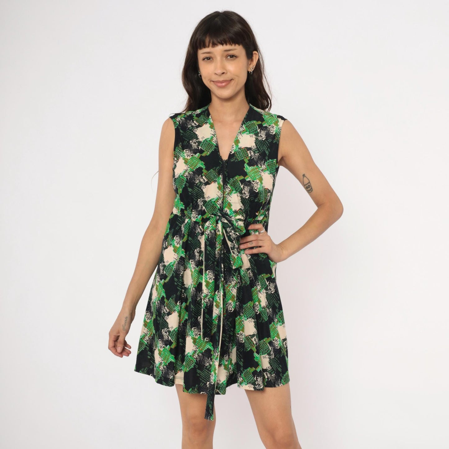 70s Psychedelic Abstract Mini Dress Green Black Cream V-Neck Sleeveless Small