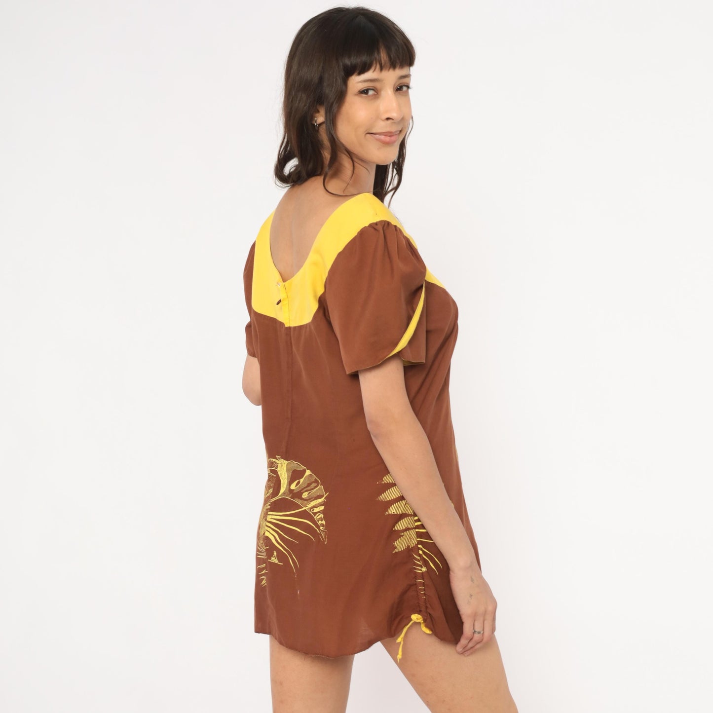 70s Tropical Monstera Puff Sleeve Mini Dress Brown Gold Small S