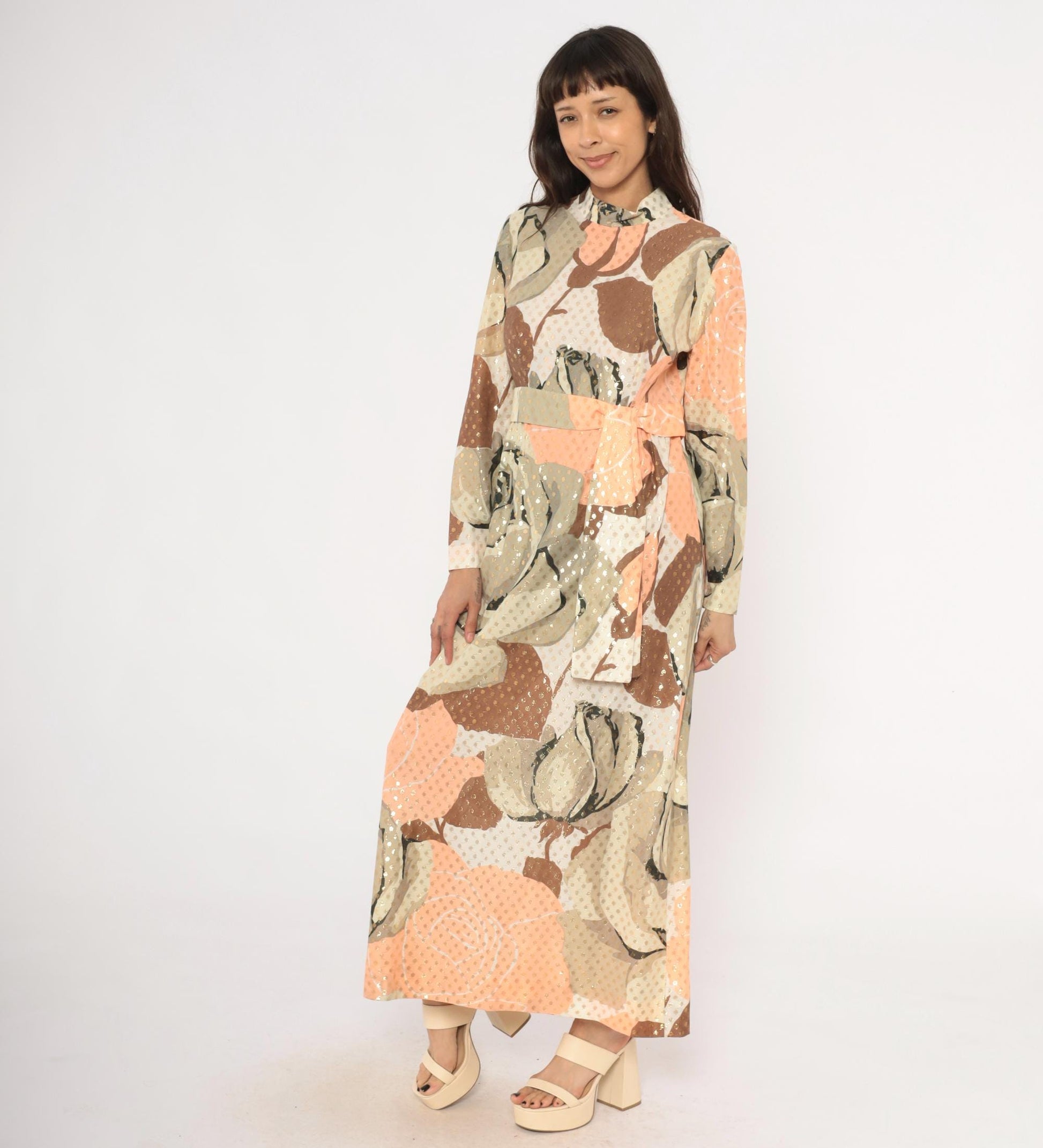 70s Rose Print Maxi Dress Gold Metallic Dots Long Sleeve Peach Taupe Chiffon Medium