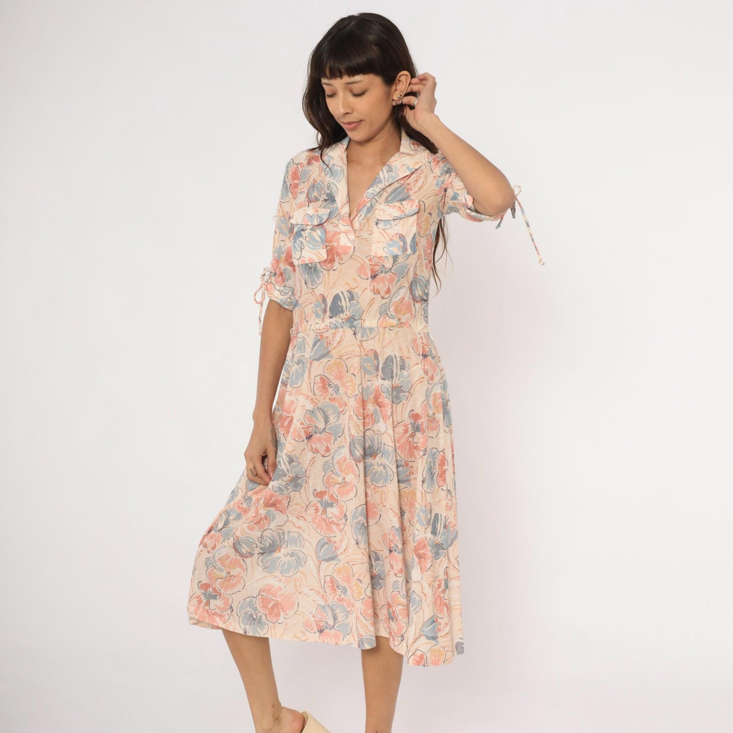 80s Watercolor Floral Midi Dress Notched Collar Tie Sleeve Cream Blush Small