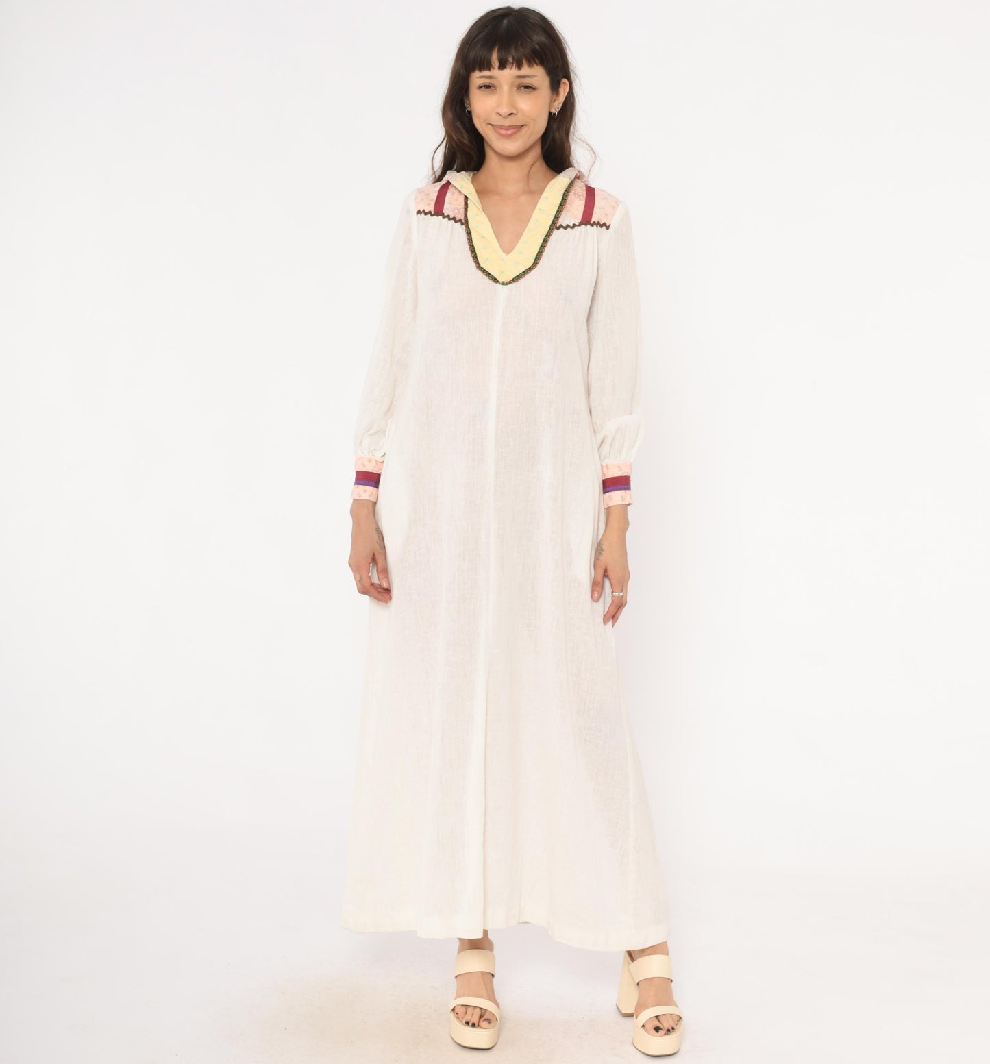 70s Patchwork Hood Maxi Dress White Linen V Neck Bishop Sleeve Small