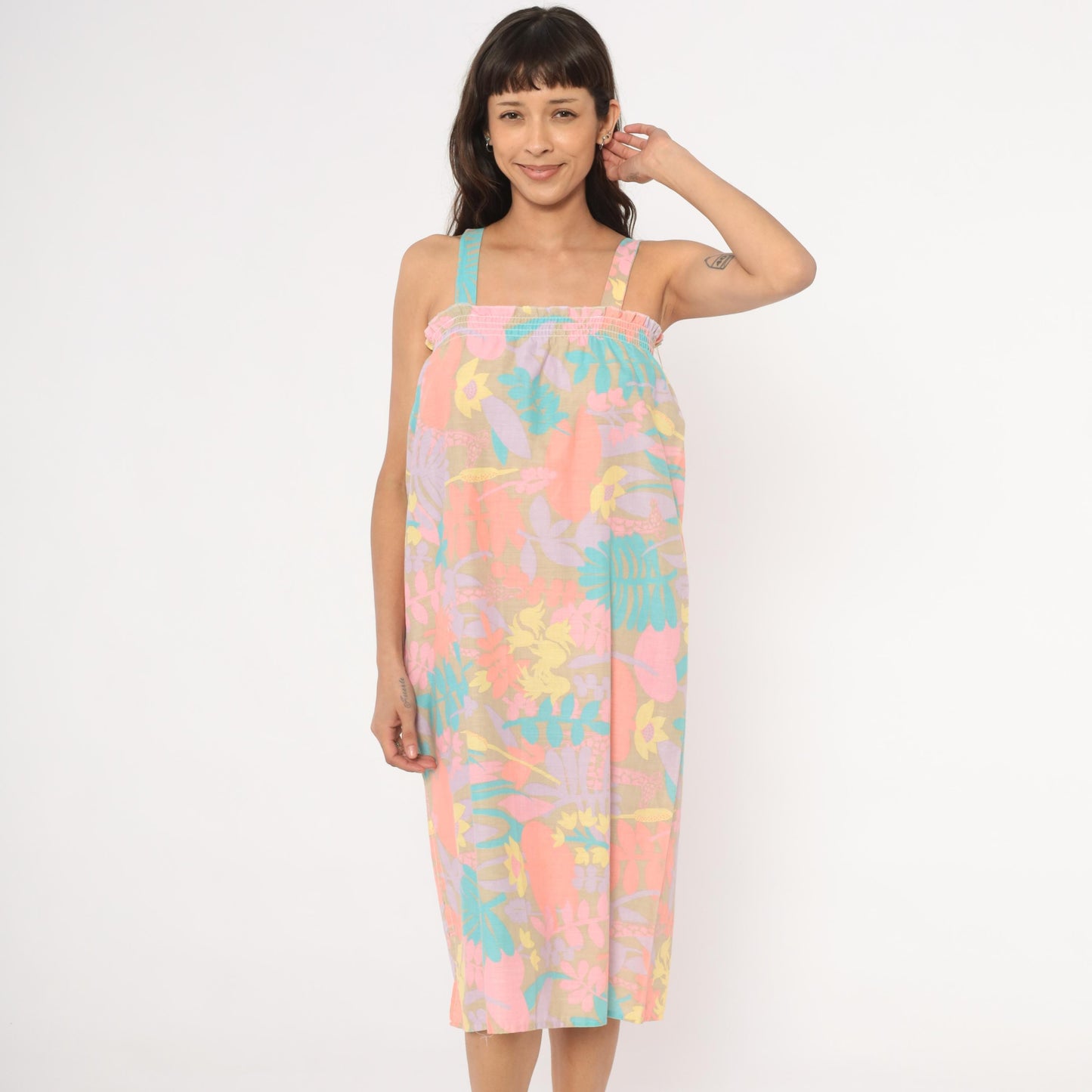80s Tropical Floral Giraffe Sundress Pastel Coral Lavender Shift Small M