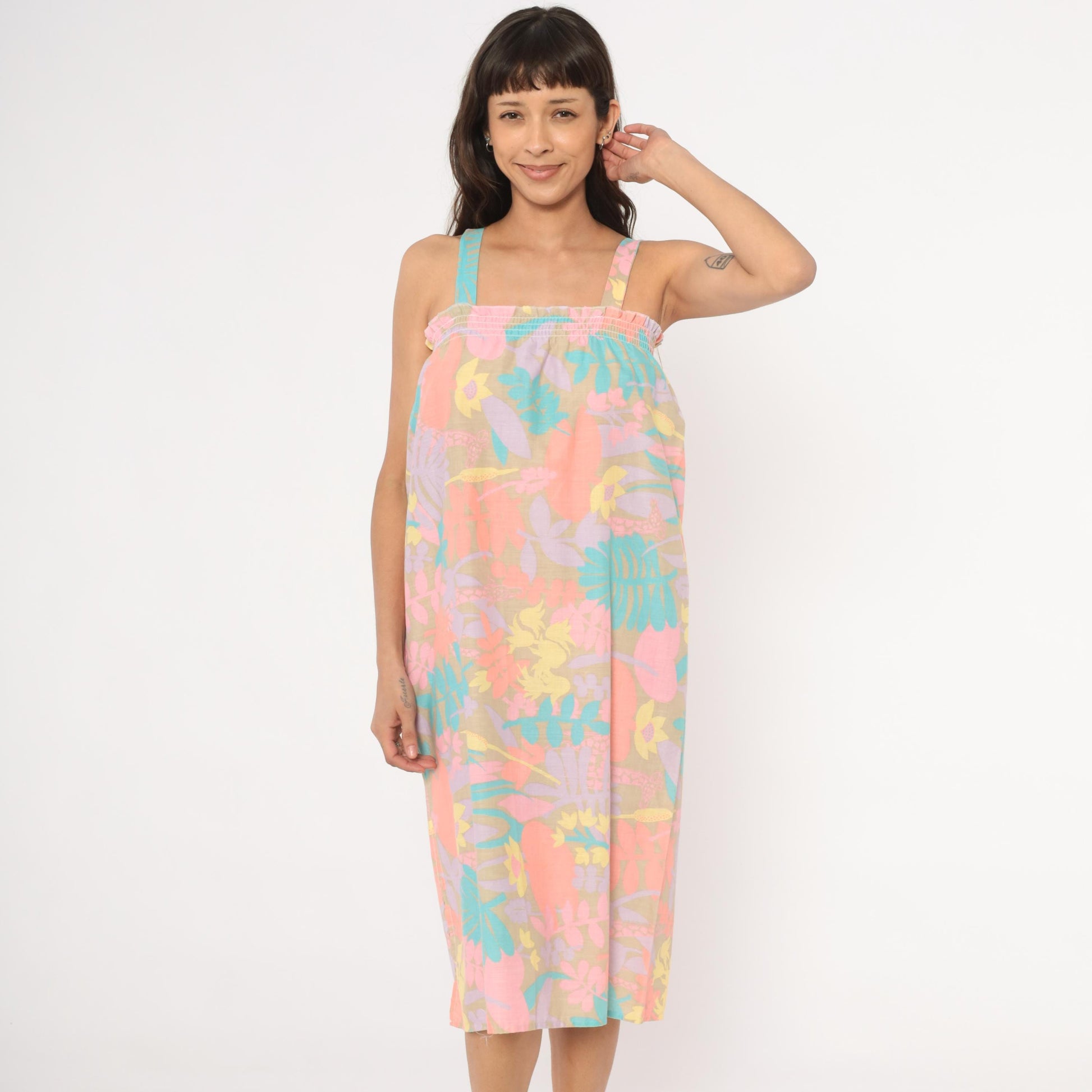 80s Tropical Floral Giraffe Sundress Pastel Coral Lavender Shift Small M
