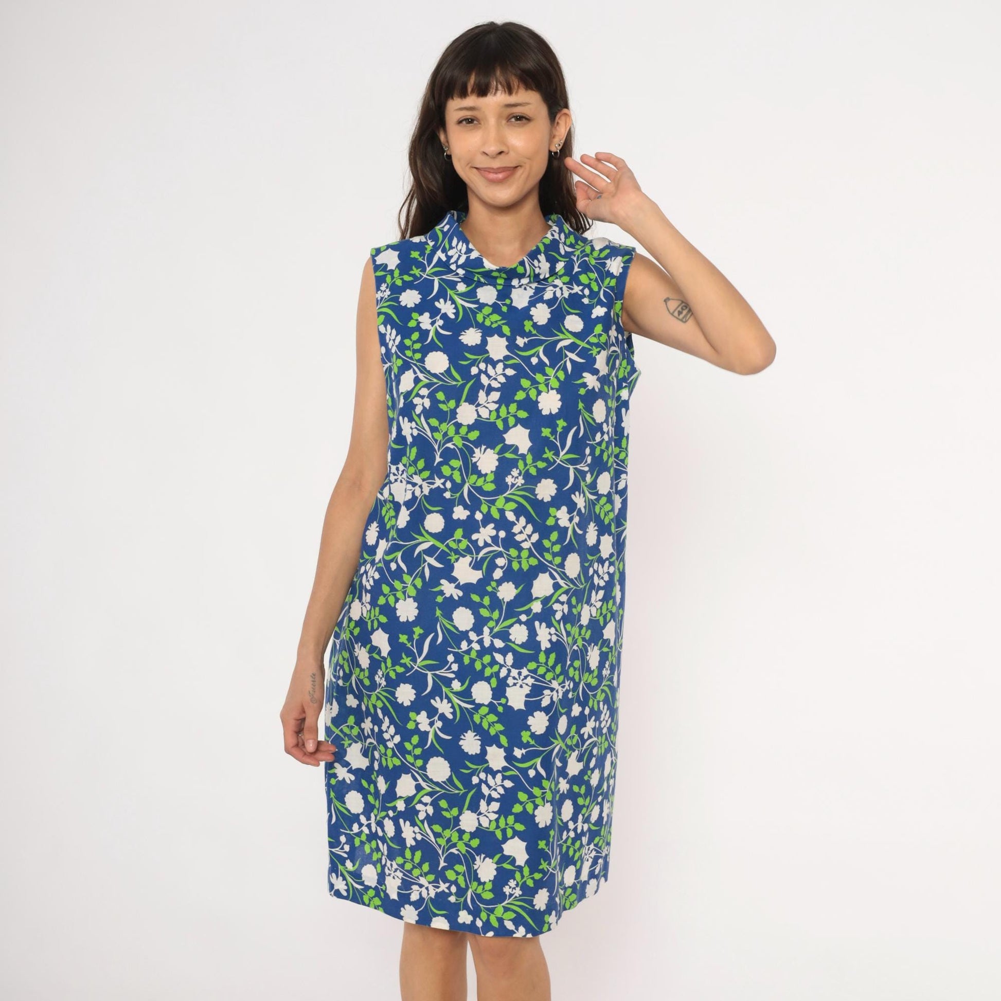 80s Mr. B California Blue Floral Shift Dress Cowl Neck Knee-Length Medium