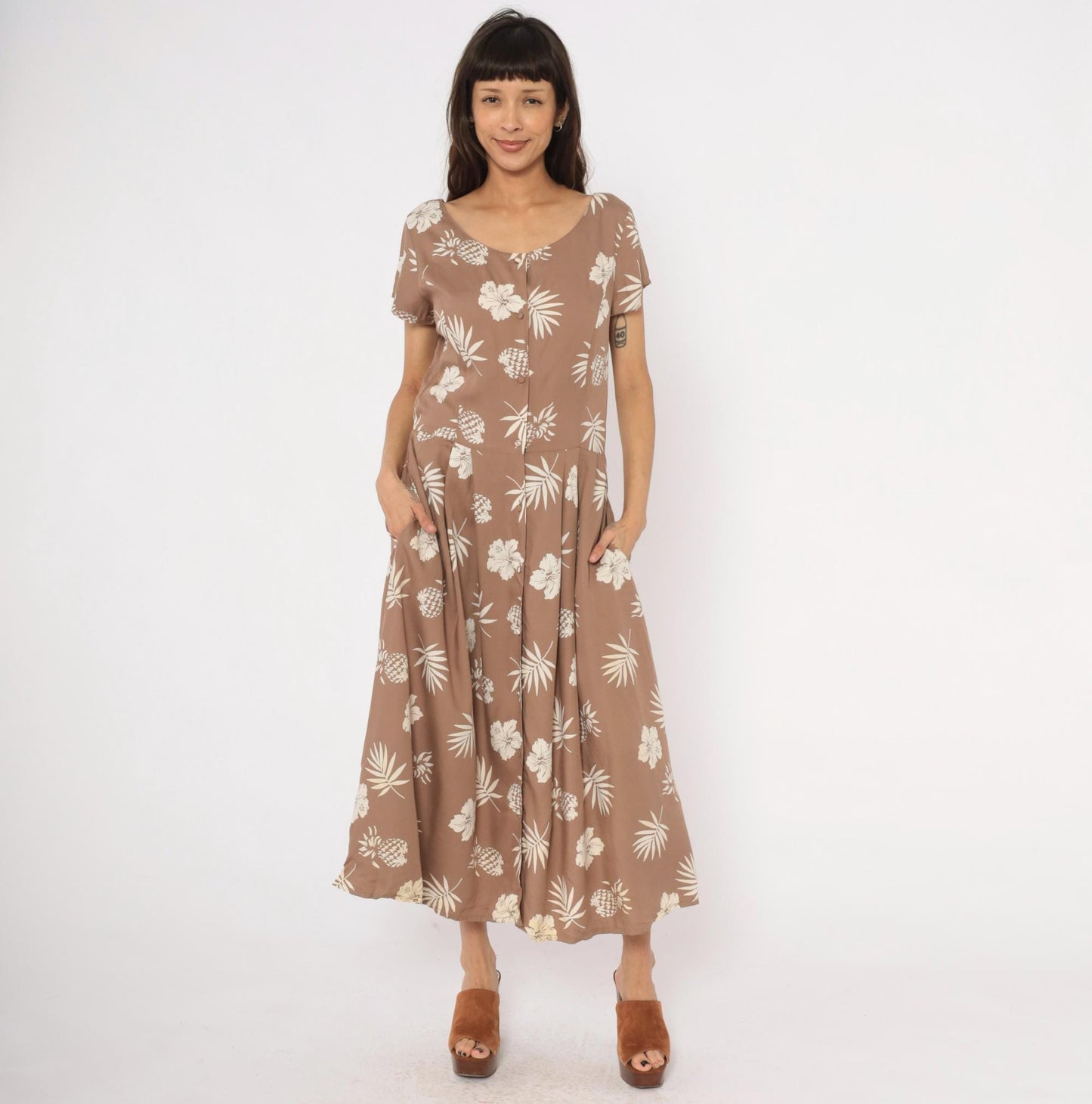 80s Apart Tropical Hibiscus Maxi Dress Tan Cream Cap Sleeve Medium M
