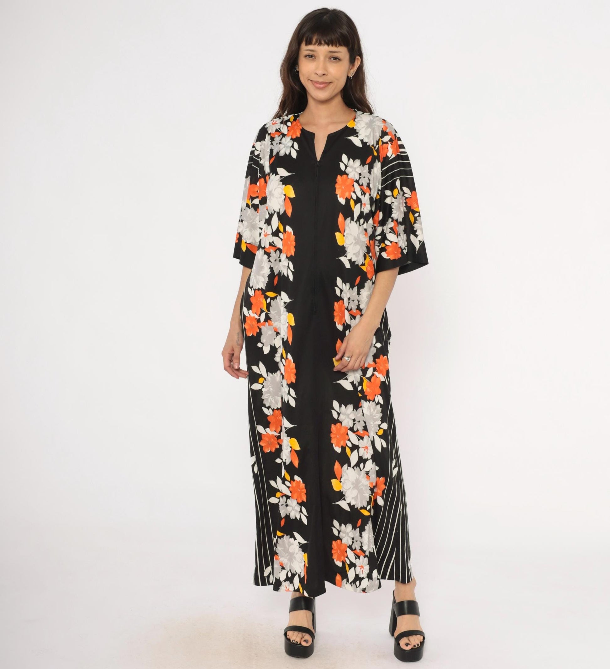 70s Miss Tique California Floral Kaftan Maxi Dress Black Orange Medium M