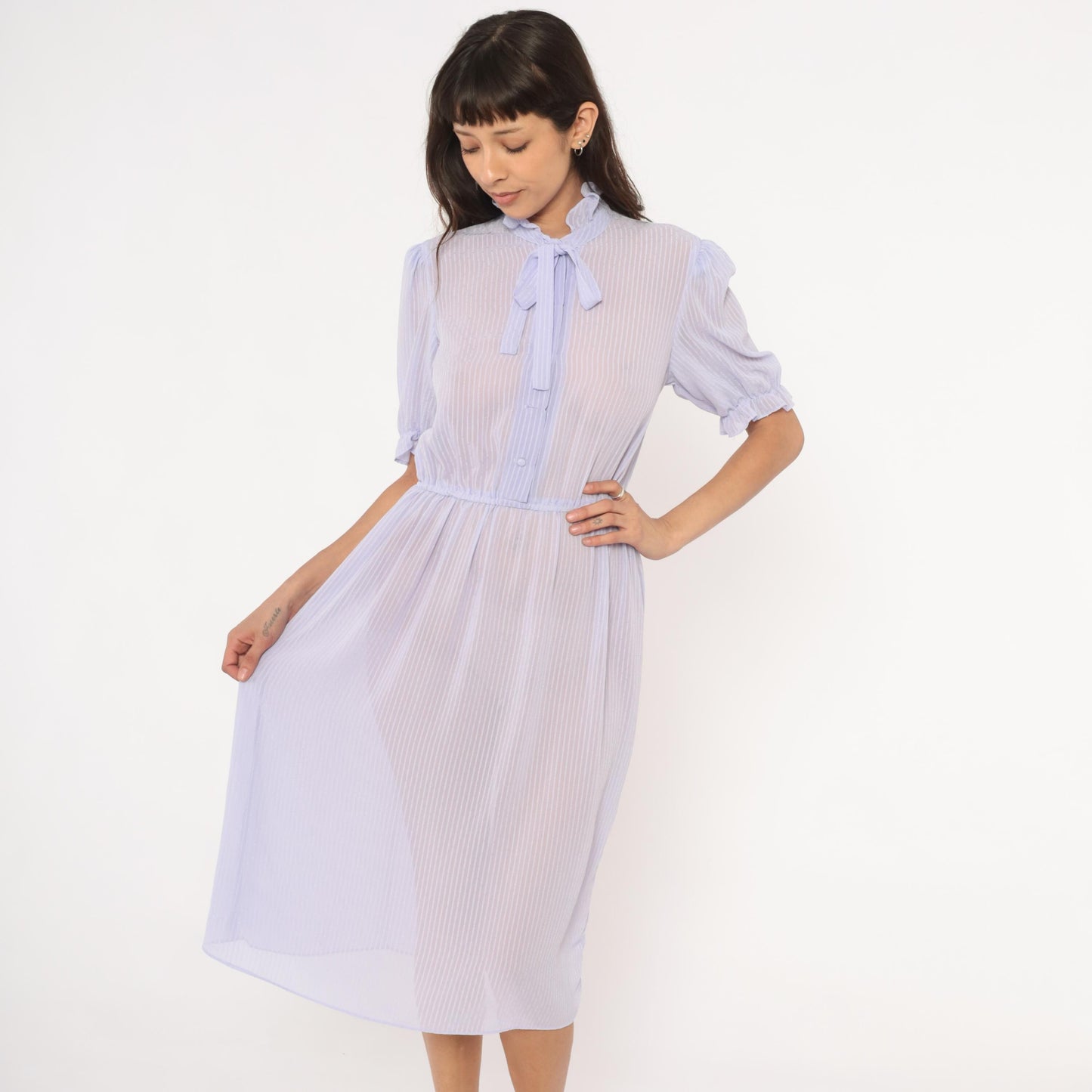 80s Lavender Sheer Stripe Dress Puff Sleeve Bow Tie Ruffle Collar Small