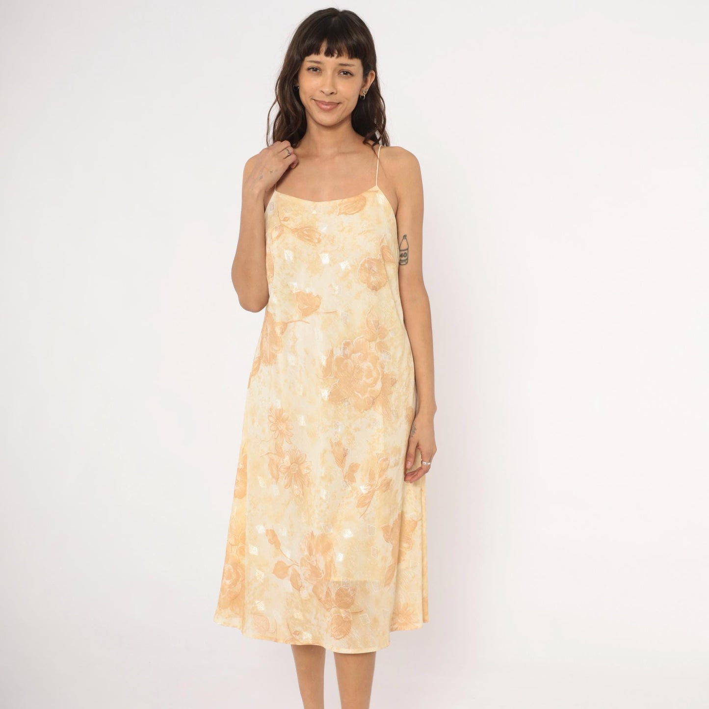 00s Dress-U-Ii Gold Floral Slip Dress Midi Cream Rose Print Spaghetti Strap Large L