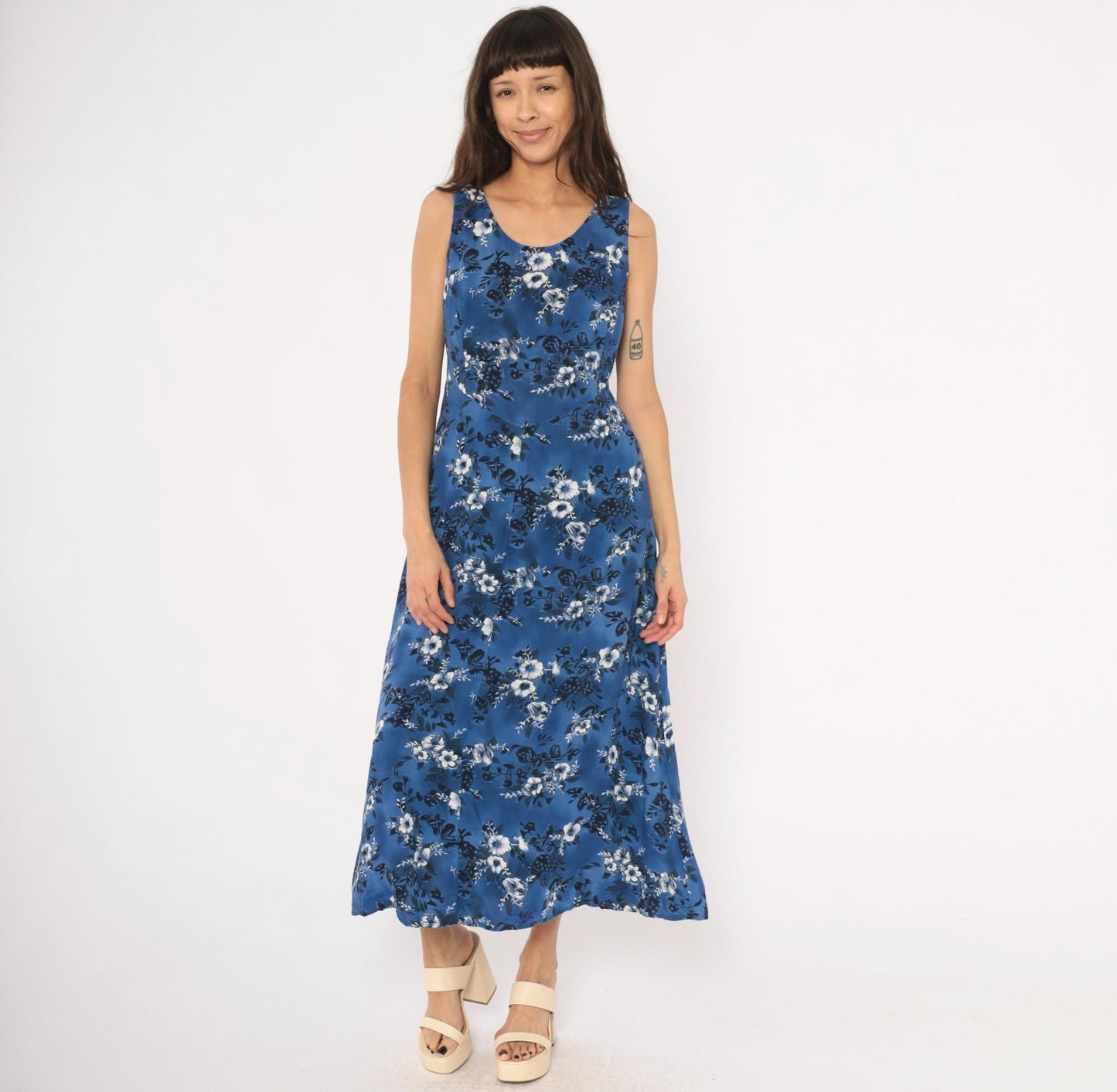 90s Molly Malloy Blue Floral Maxi Dress Sleeveless A-Line Small