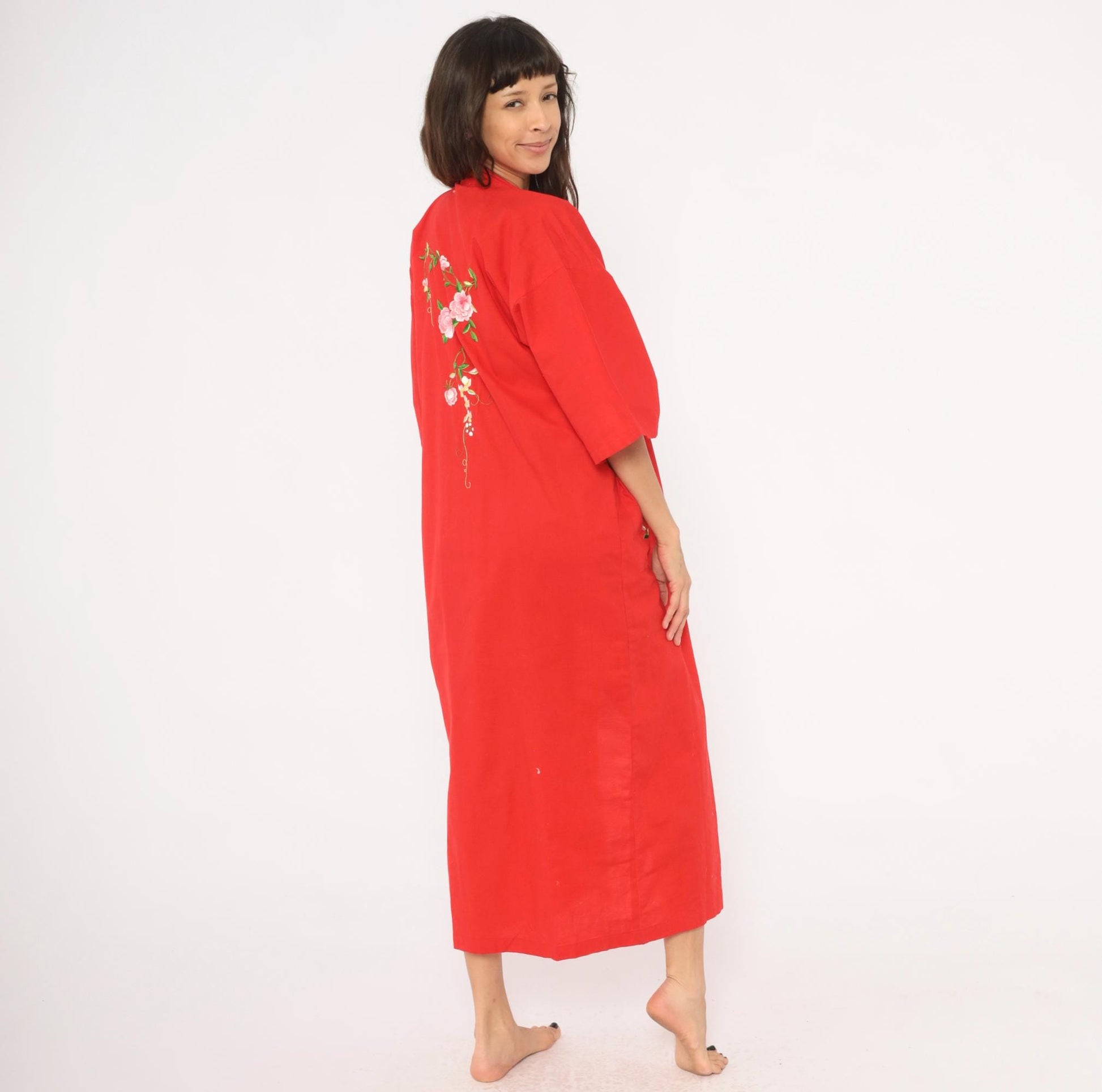 90s Peacock Red Kimono Robe Embroidered Floral Cotton Maxi Unisex Small