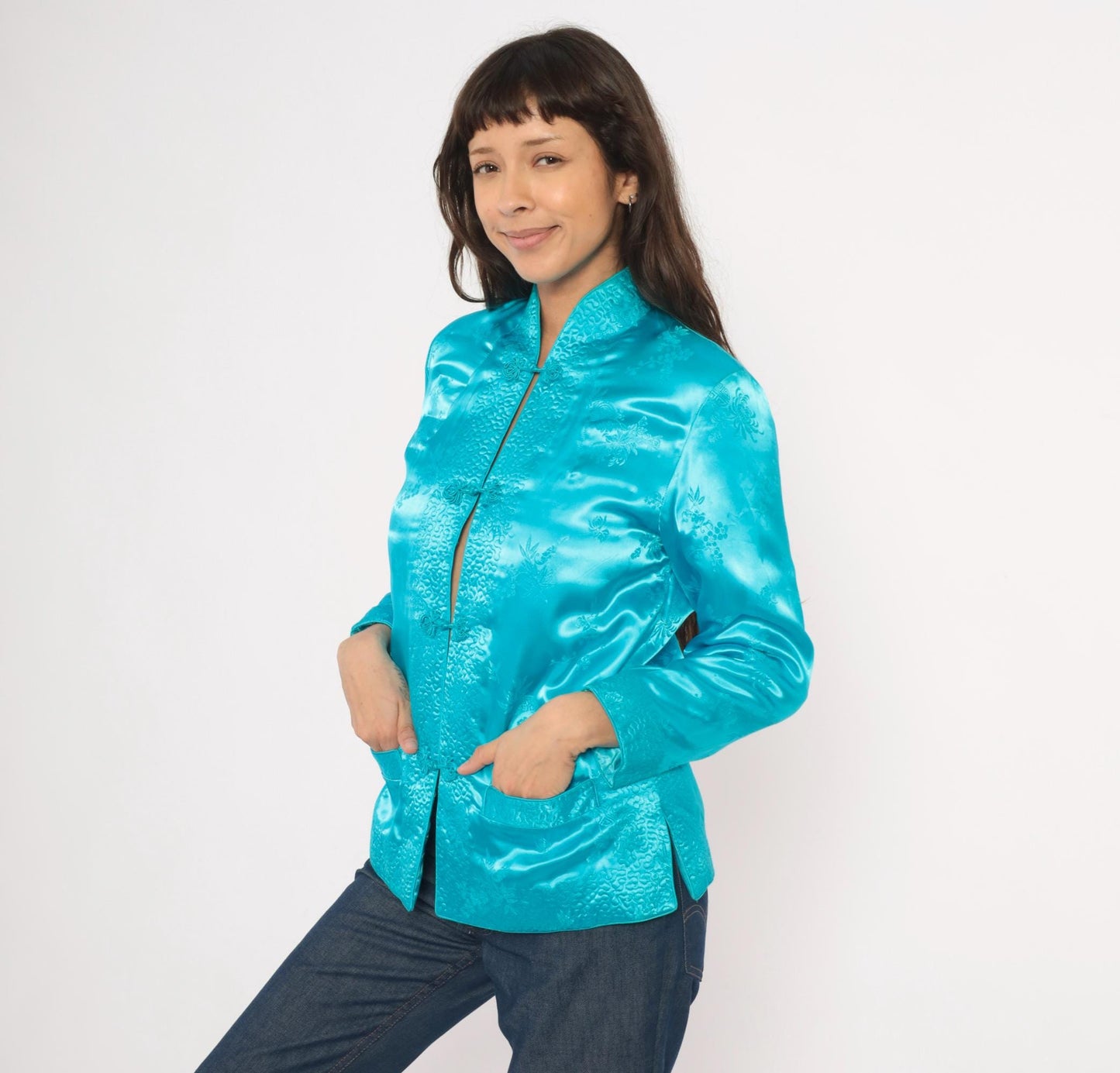 80s Peony Turquoise Silk Jacket Mandarin Collar Frog Button Floral Brocade Small S