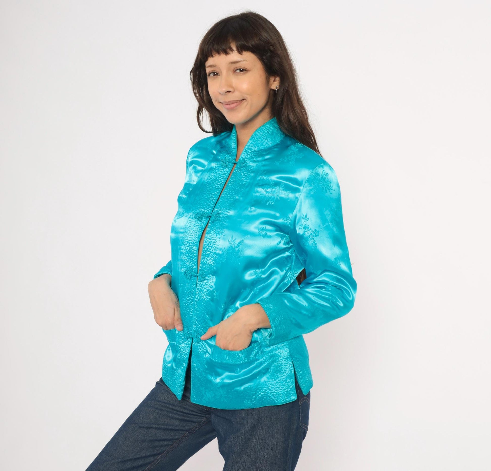 80s Peony Turquoise Silk Jacket Mandarin Collar Frog Button Floral Brocade Small S