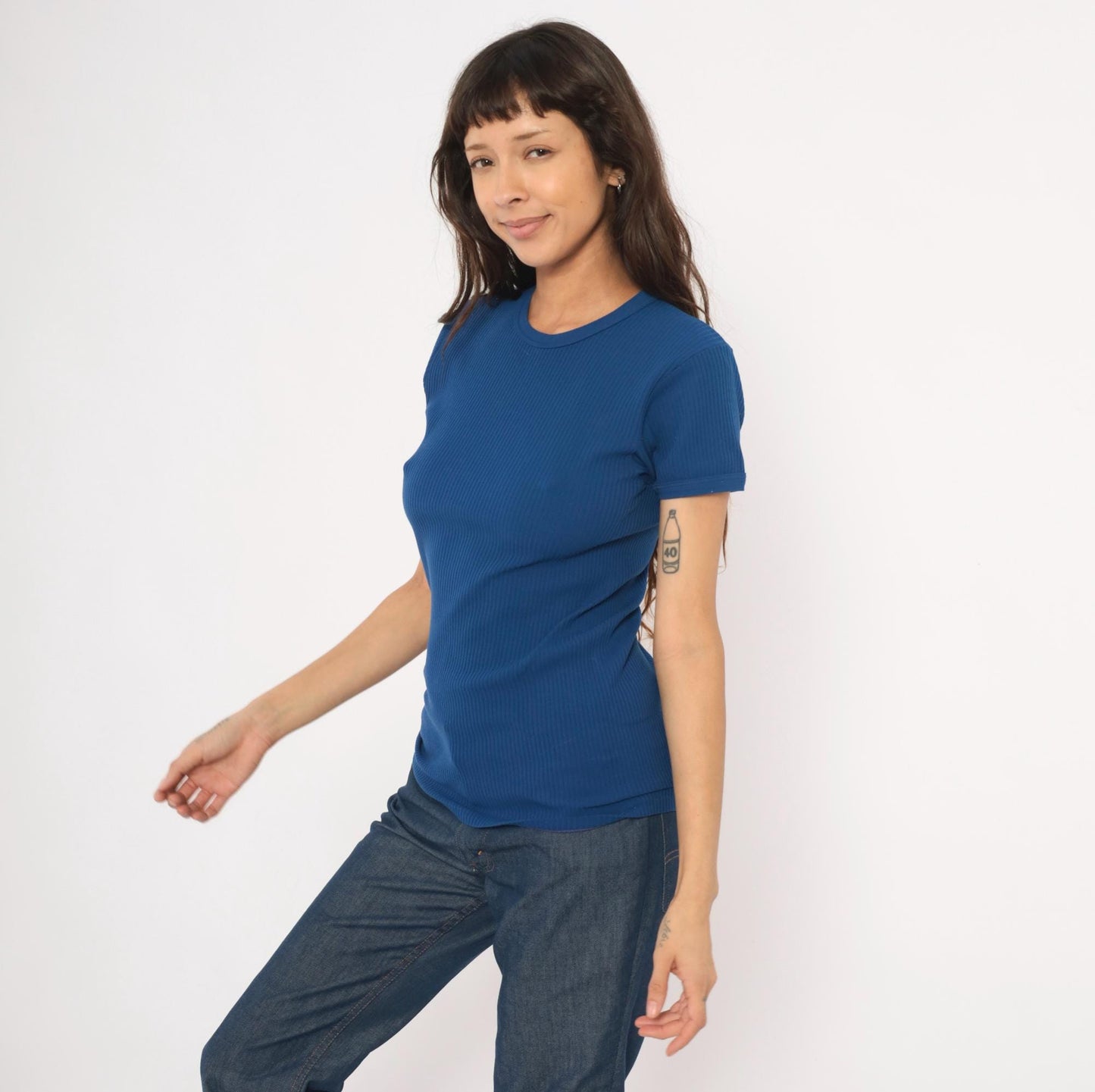 70s St Michaels Cobalt Ribbed Knit Crew Neck Tee Short Sleeve Small Medium