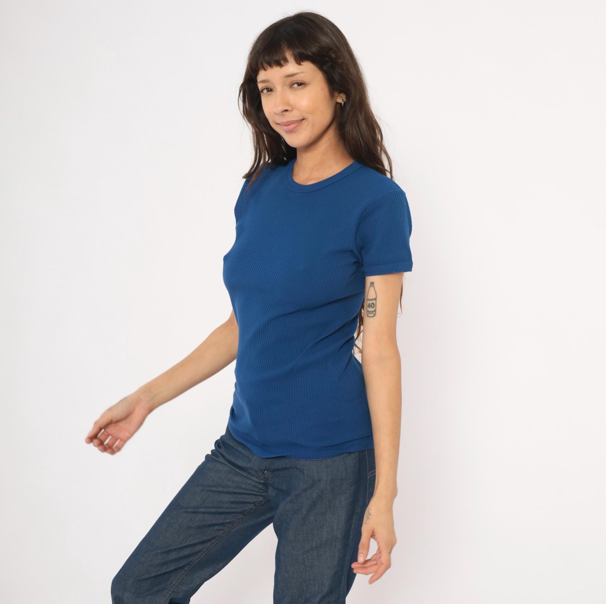 70s St Michaels Cobalt Ribbed Knit Crew Neck Tee Short Sleeve Small Medium