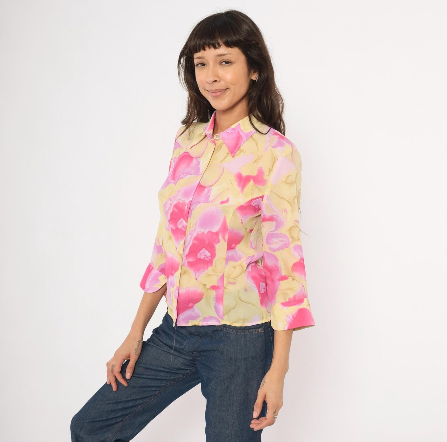 90s Caviar Watercolor Floral Sheer Blouse Pink Pointed Collar Small