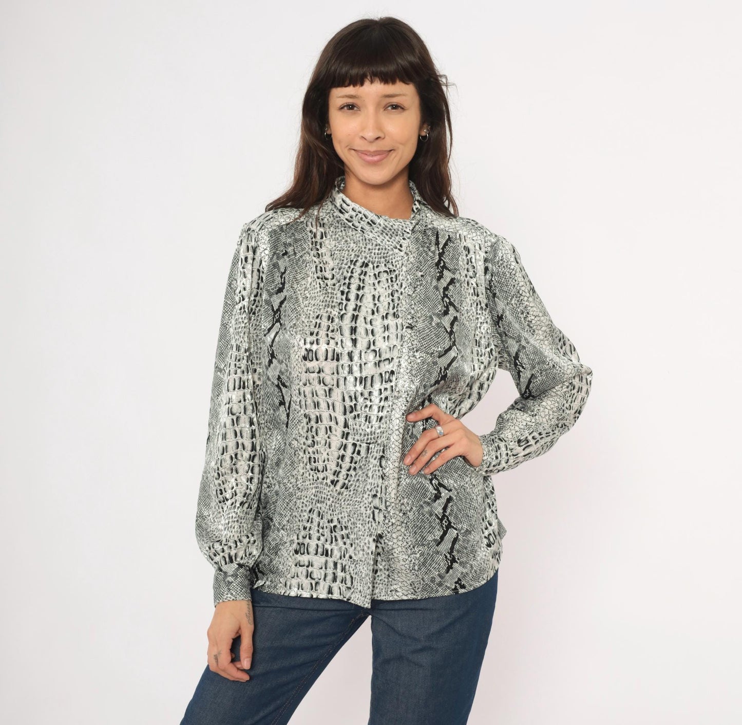 90s Tess Snakeskin Print Blouse Silver Grey Python Reptile Medium M