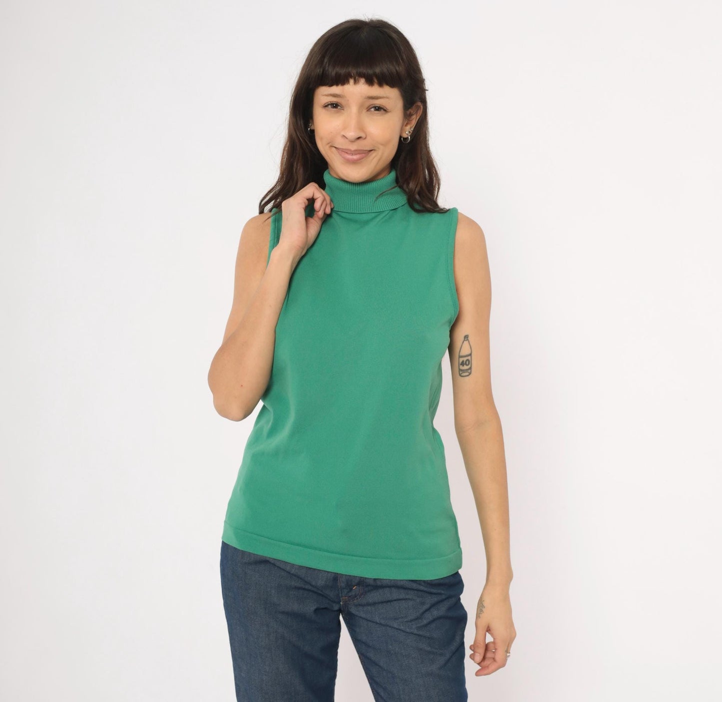 70s Sage Green Sleeveless Mock Neck Knit Tank Top Ribbed Shell Medium Large