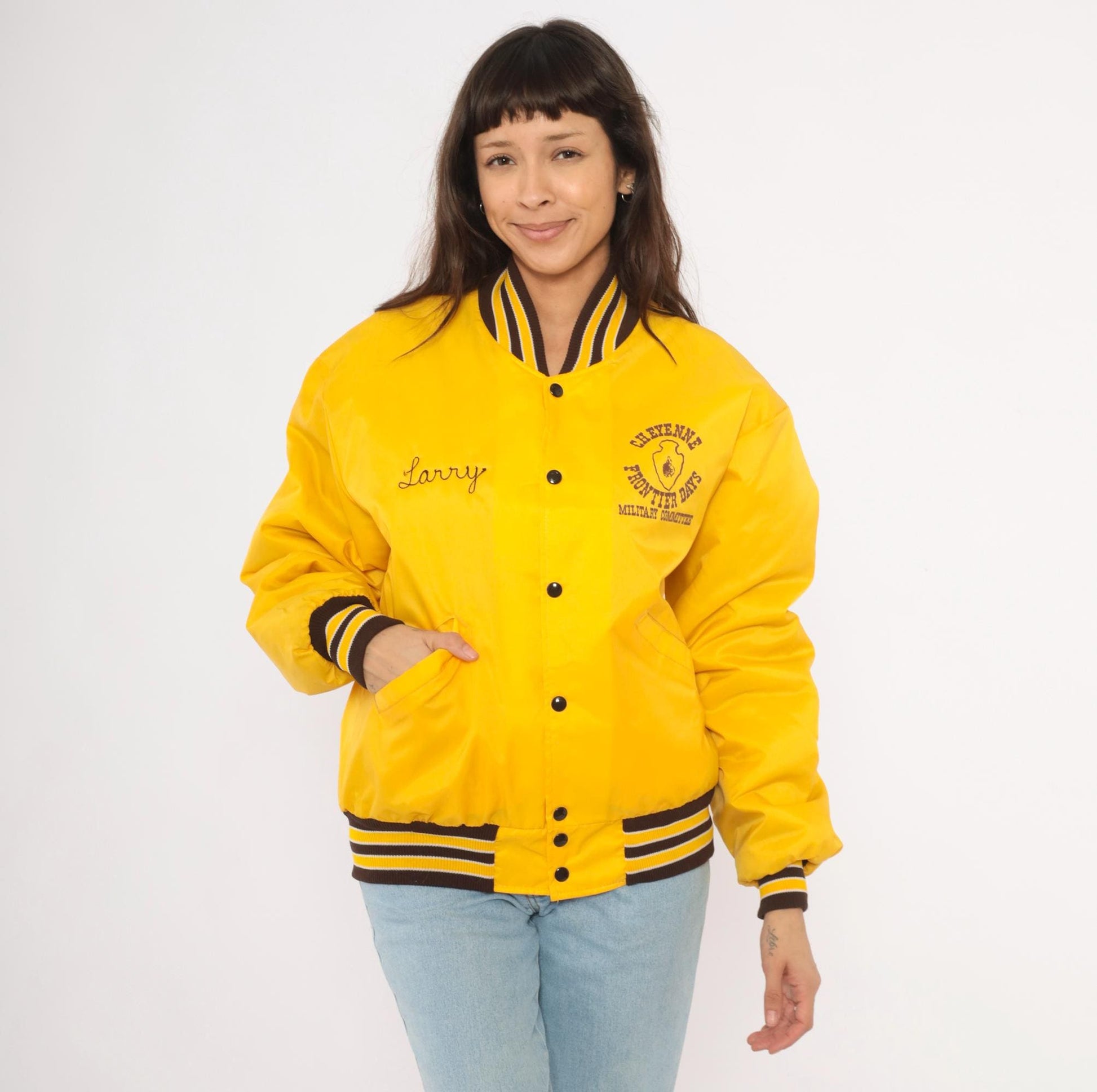80s DeLong Sportswear Varsity Jacket Gold Nylon Bomber Cheyenne Frontier Days Medium