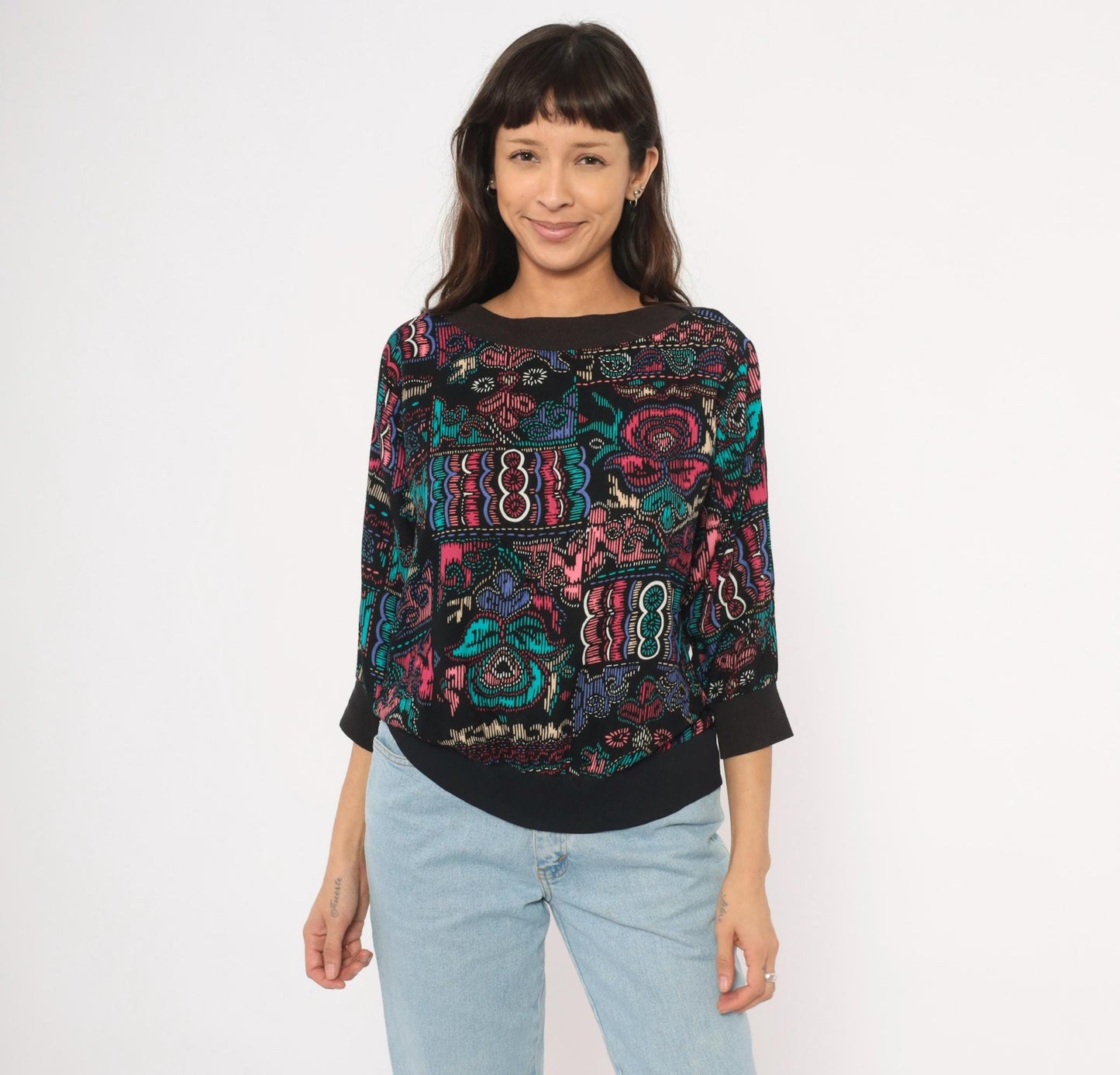 90s Abstract Pullover Blouse Boat Neck Teal Pink Black Graphic Medium M