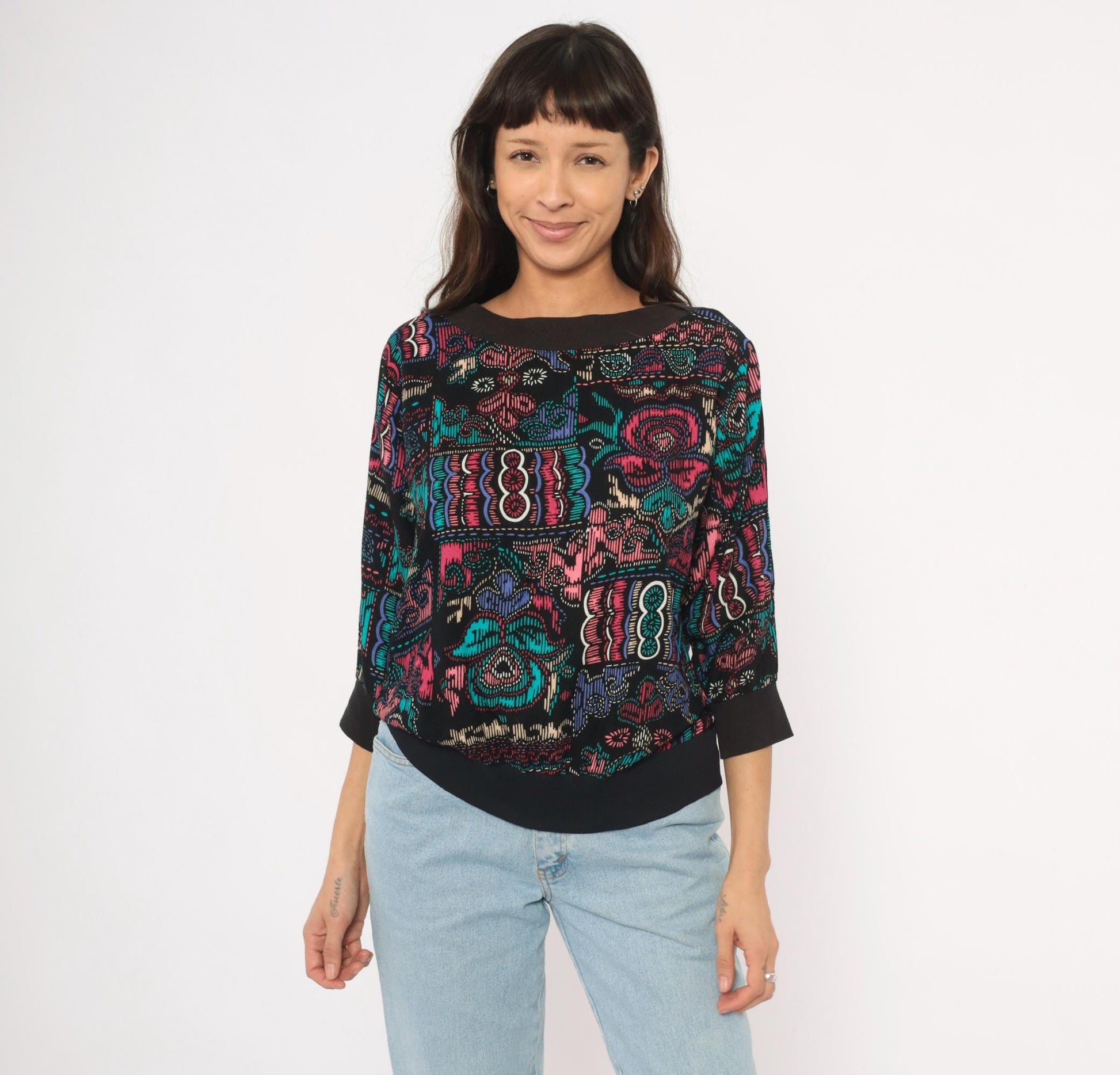 90s Abstract Pullover Blouse Boat Neck Teal Pink Black Graphic Medium M