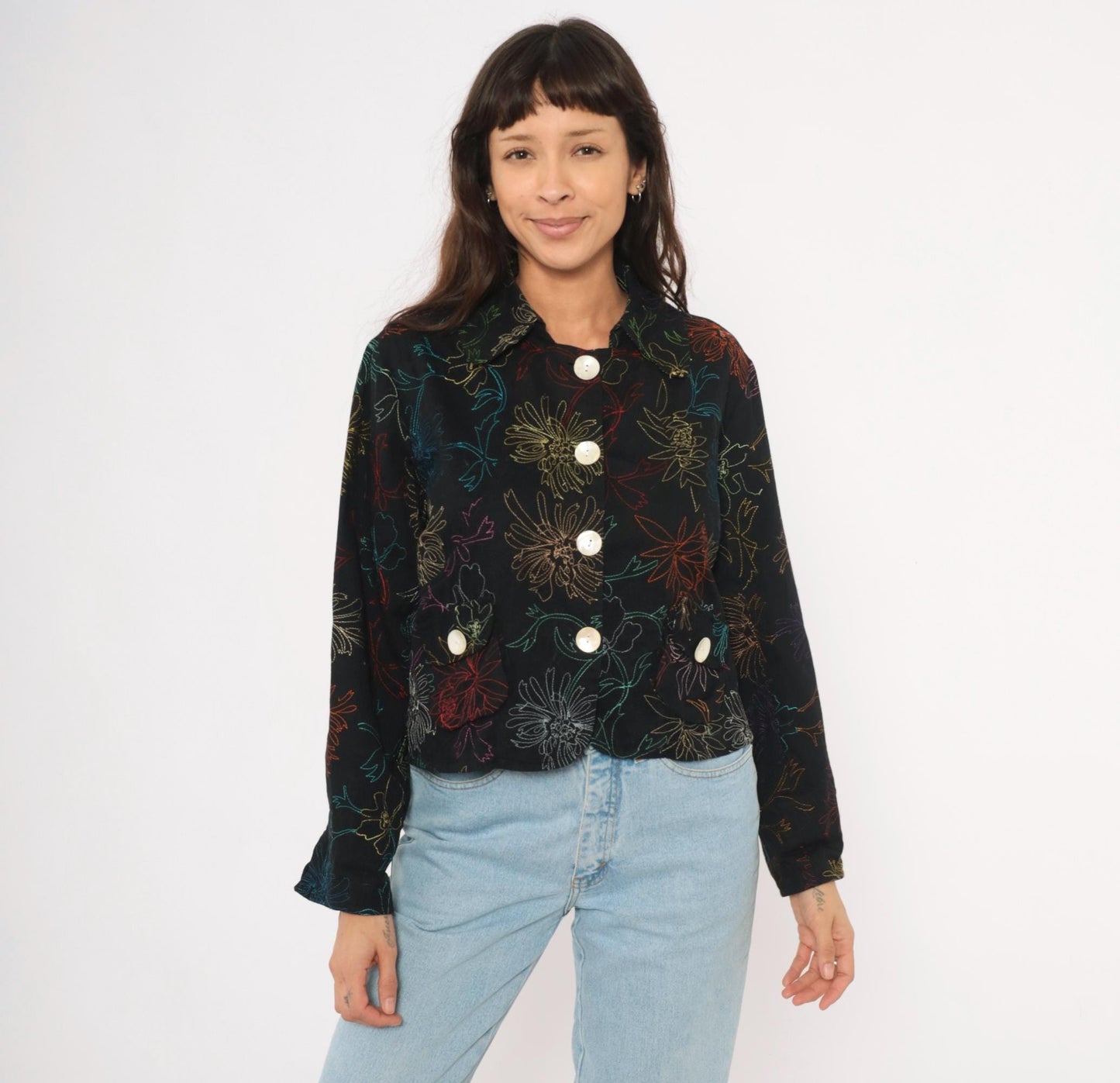 2000s Alex Kim Black Cropped Jacket Multicolor Floral Embroidery Large L