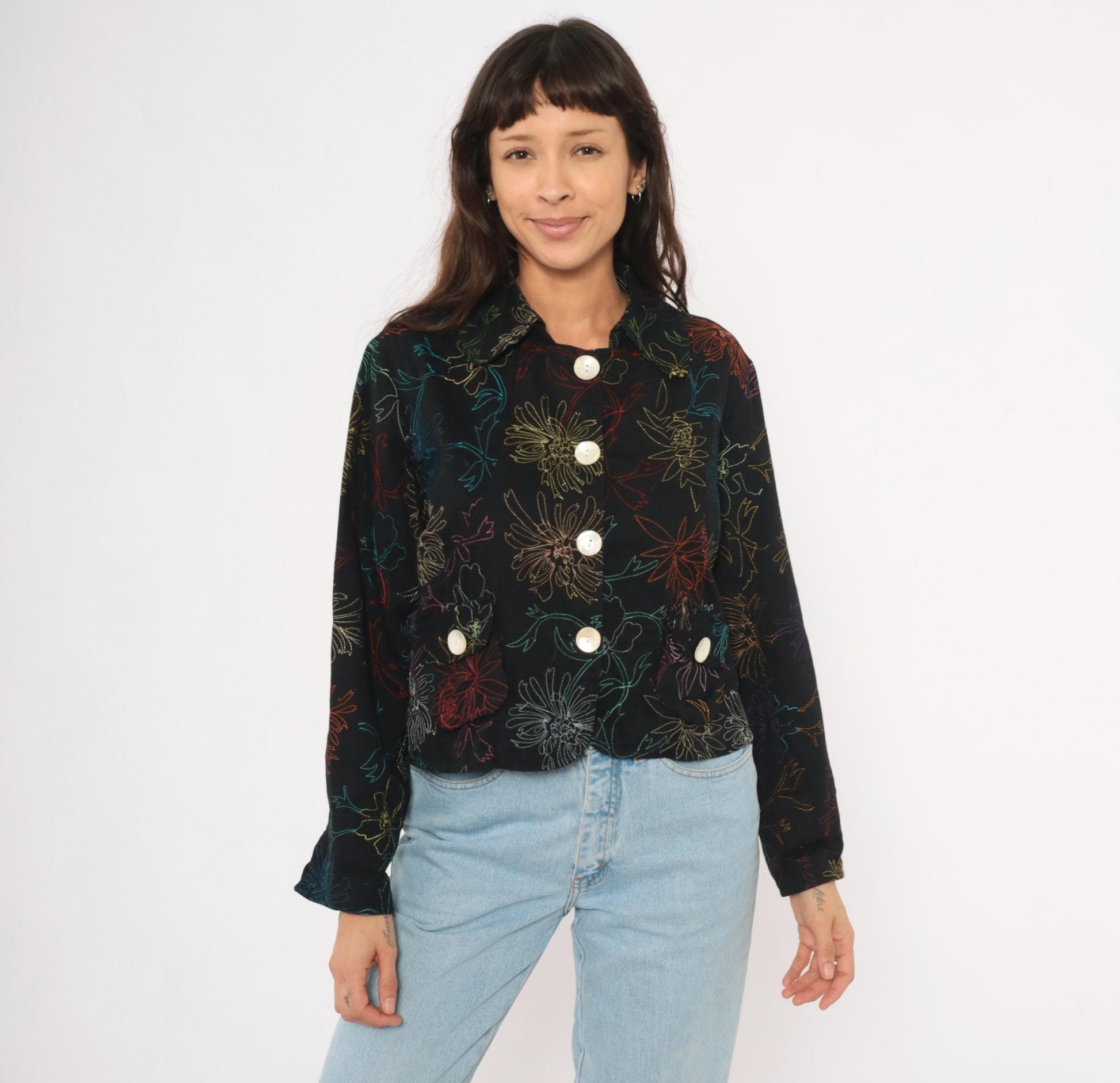 2000s Alex Kim Black Cropped Jacket Multicolor Floral Embroidery Large L