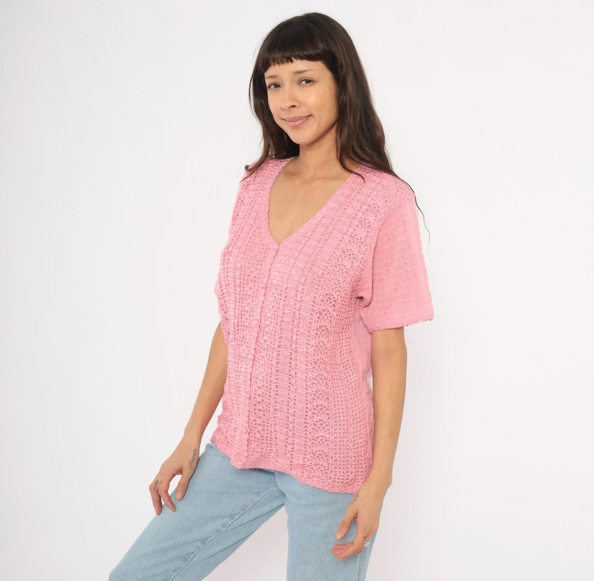 90s Jaclyn Smith Pink Crochet Cardigan V-Neck Scalloped Hem Large L