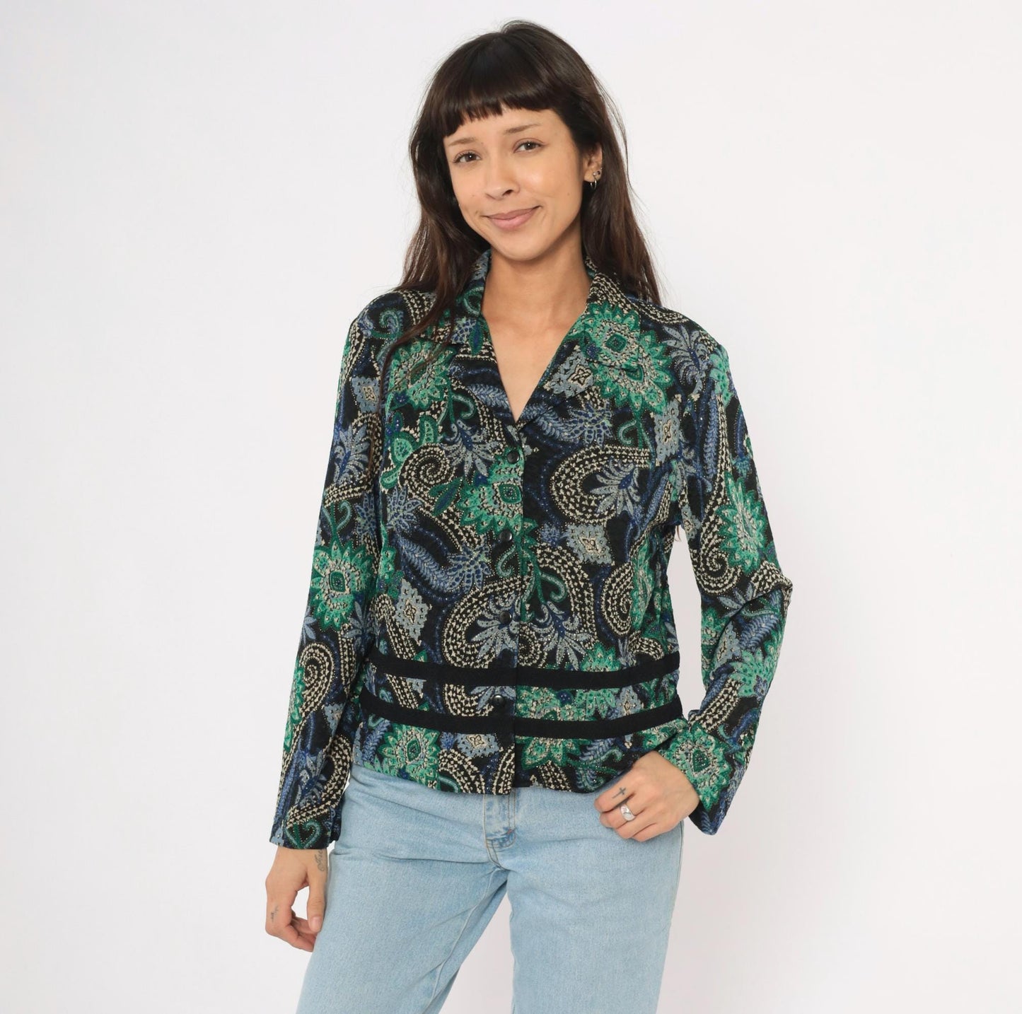 90s K Petite Paisley Blazer Emerald Green Navy Velvet Trim Cropped Large L