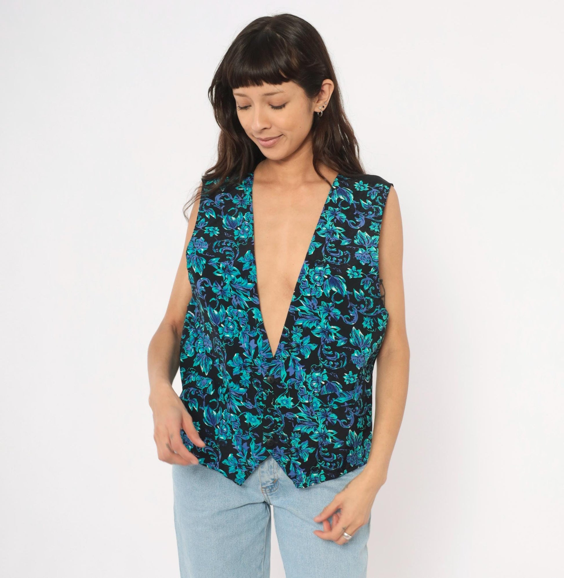 90s Floral Waistcoat Black Teal Purple Baroque Button Front Satin Back Medium M