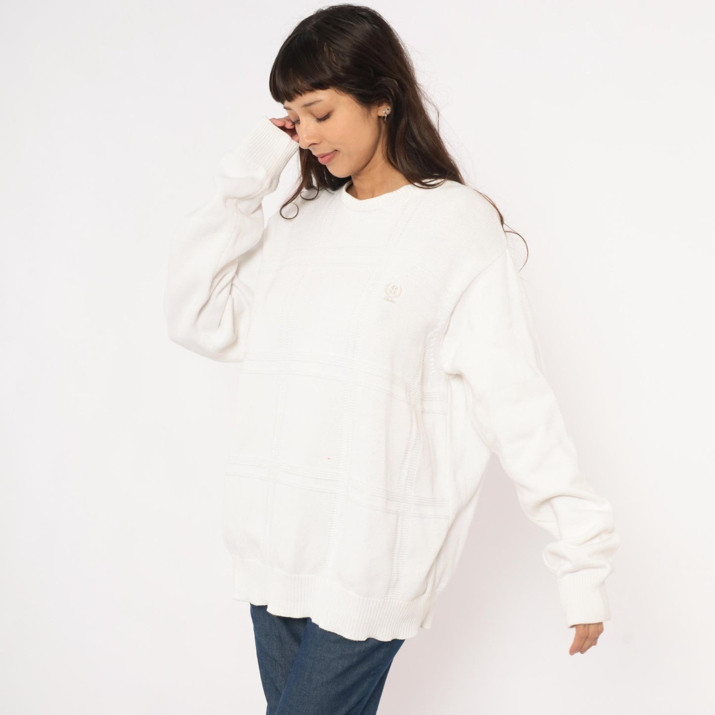 90s Izod Cotton Crewneck Sweater White Windowpane Grid Knit Large L