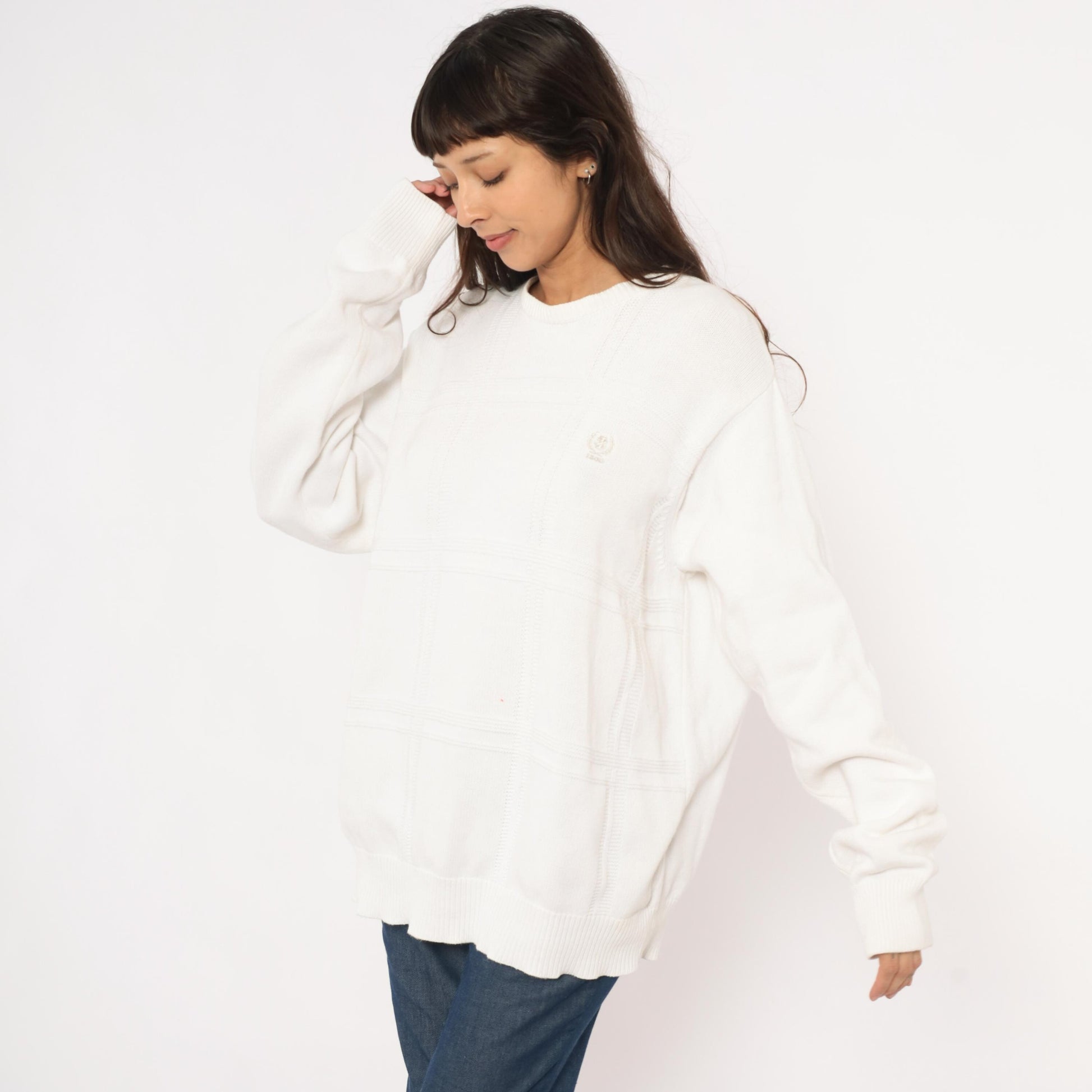 90s Izod Cotton Crewneck Sweater White Windowpane Grid Knit Large L
