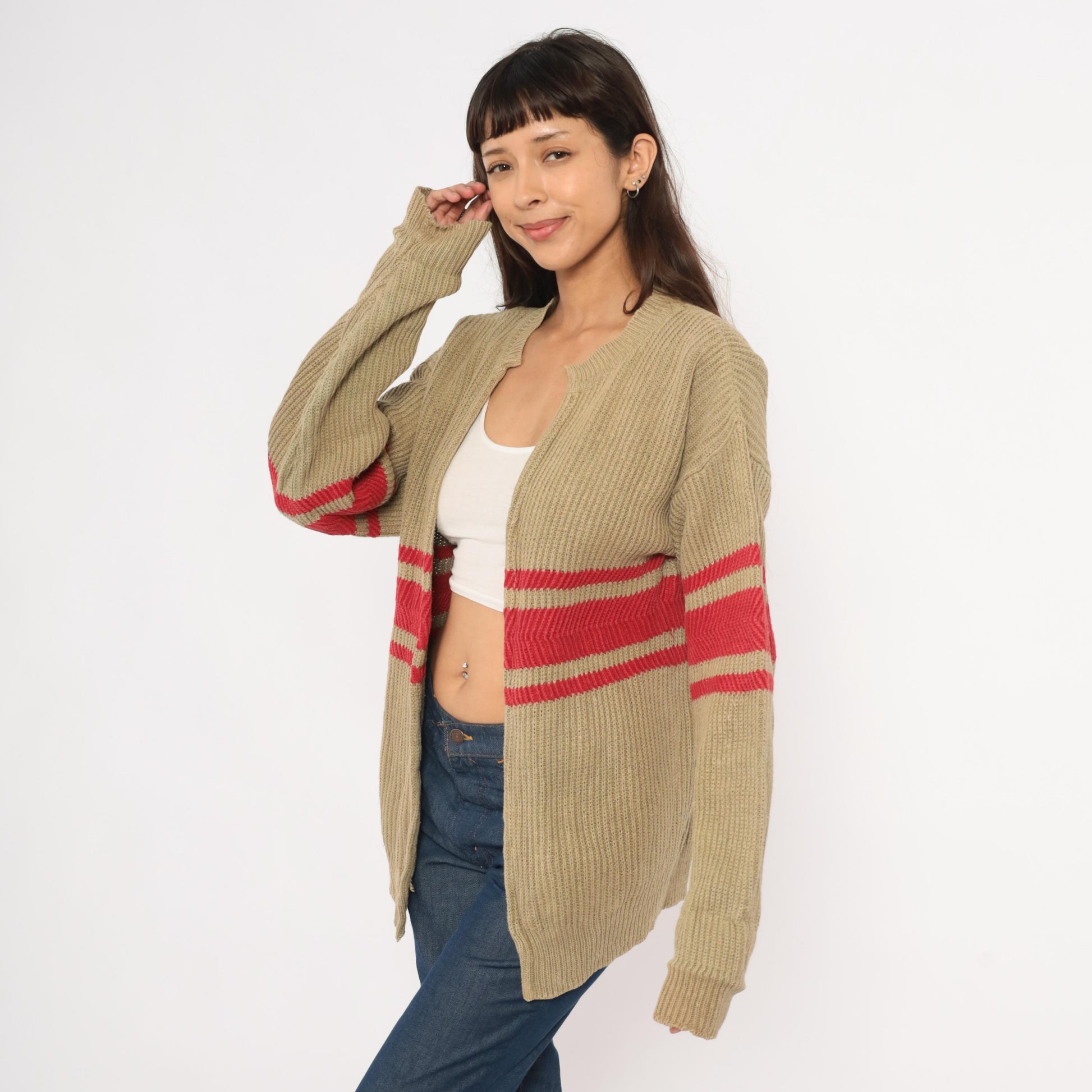 90s GAP Striped Cardigan Tan Red Ribbed Knit Open Front Medium M