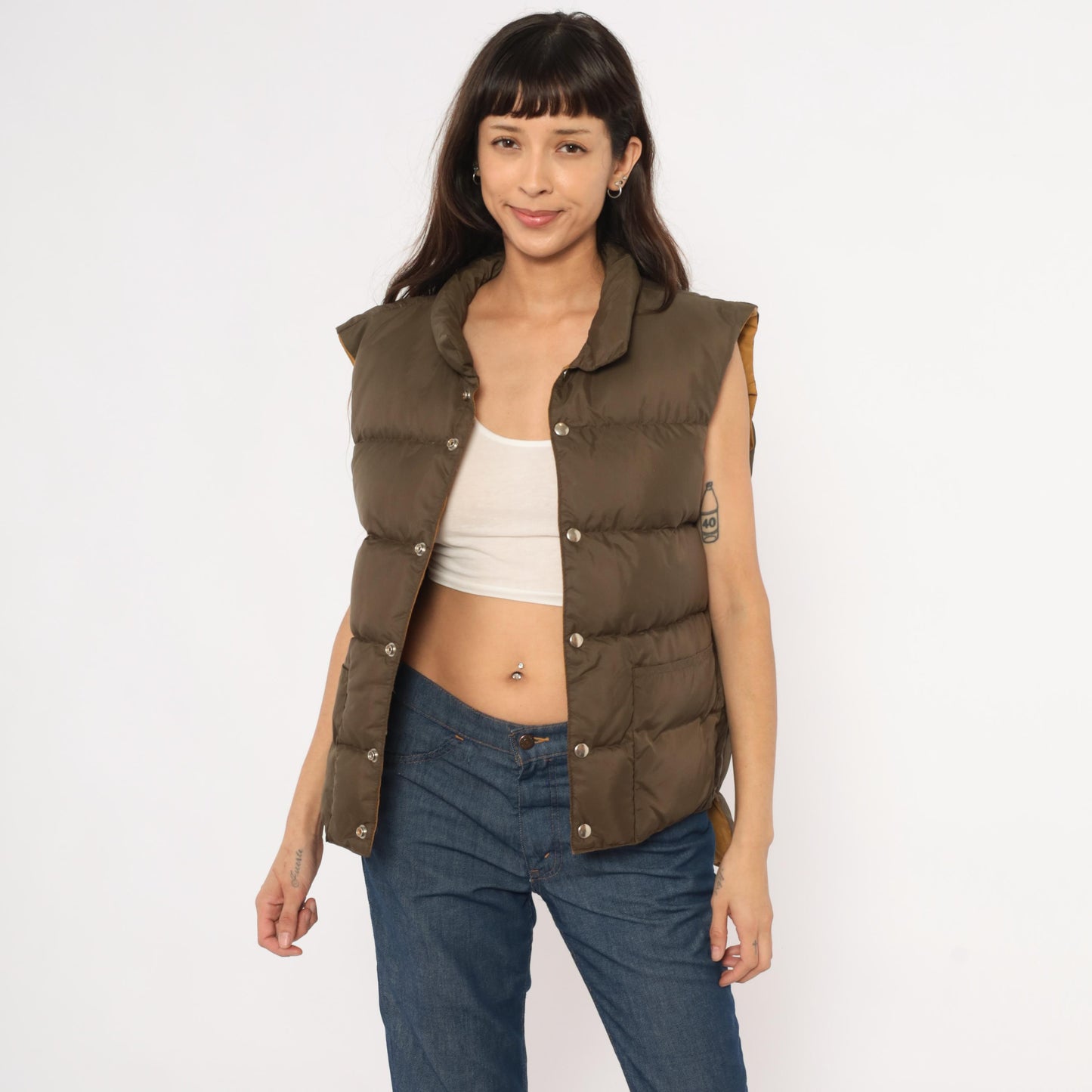 80s Reversible Puffer Vest Brown Mustard Quilted Down Waistcoat Medium