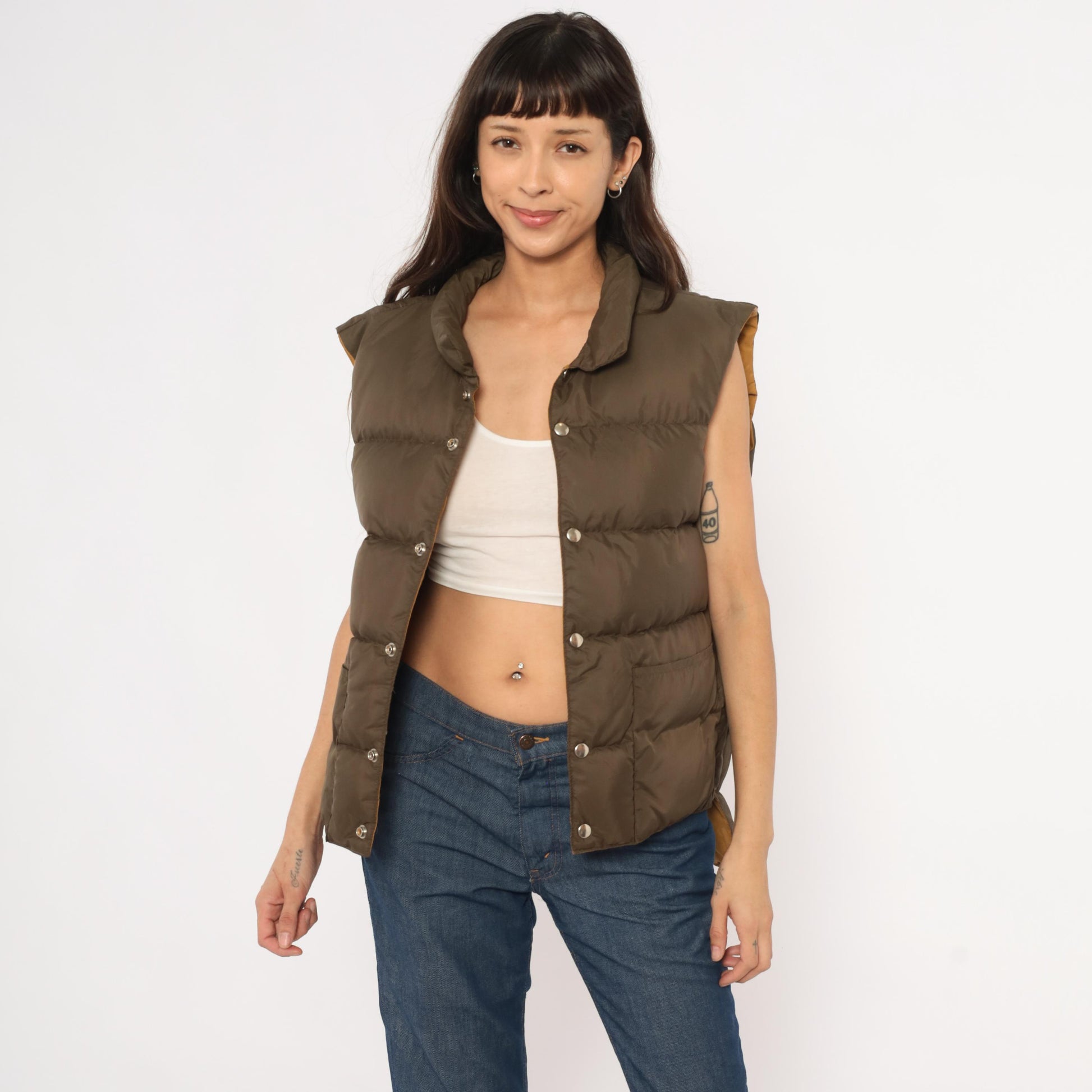 80s Reversible Puffer Vest Brown Mustard Quilted Down Waistcoat Medium